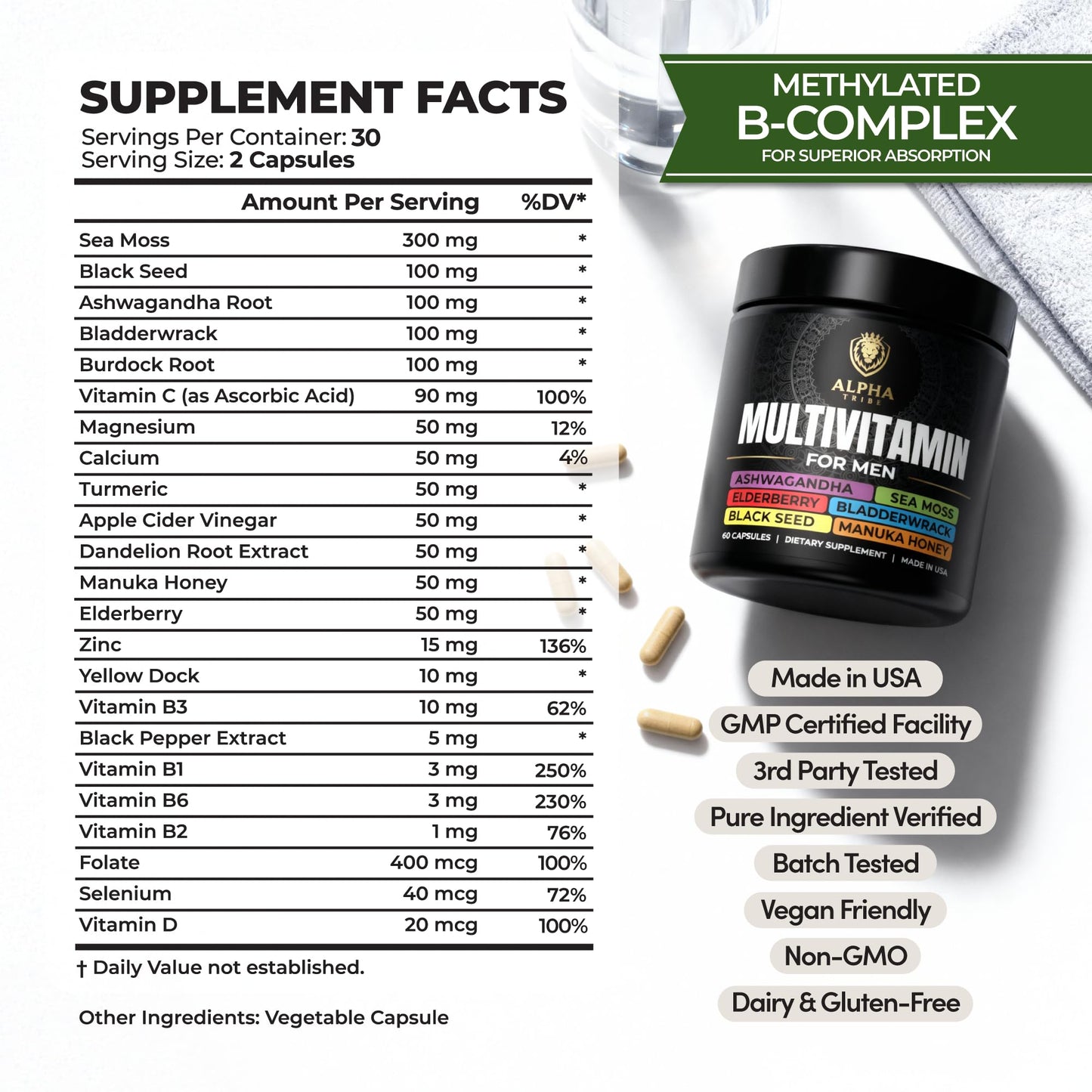Alpha Tribe Multivitamin for Men & Organizer w/Seamoss Black Seed Oil Ashwagandha Burdock Root Turmeric Bladderwrack Vitamin C | Daily Men's Vitamins & Minerals Supplement | 60 Count - dailyvitalstore