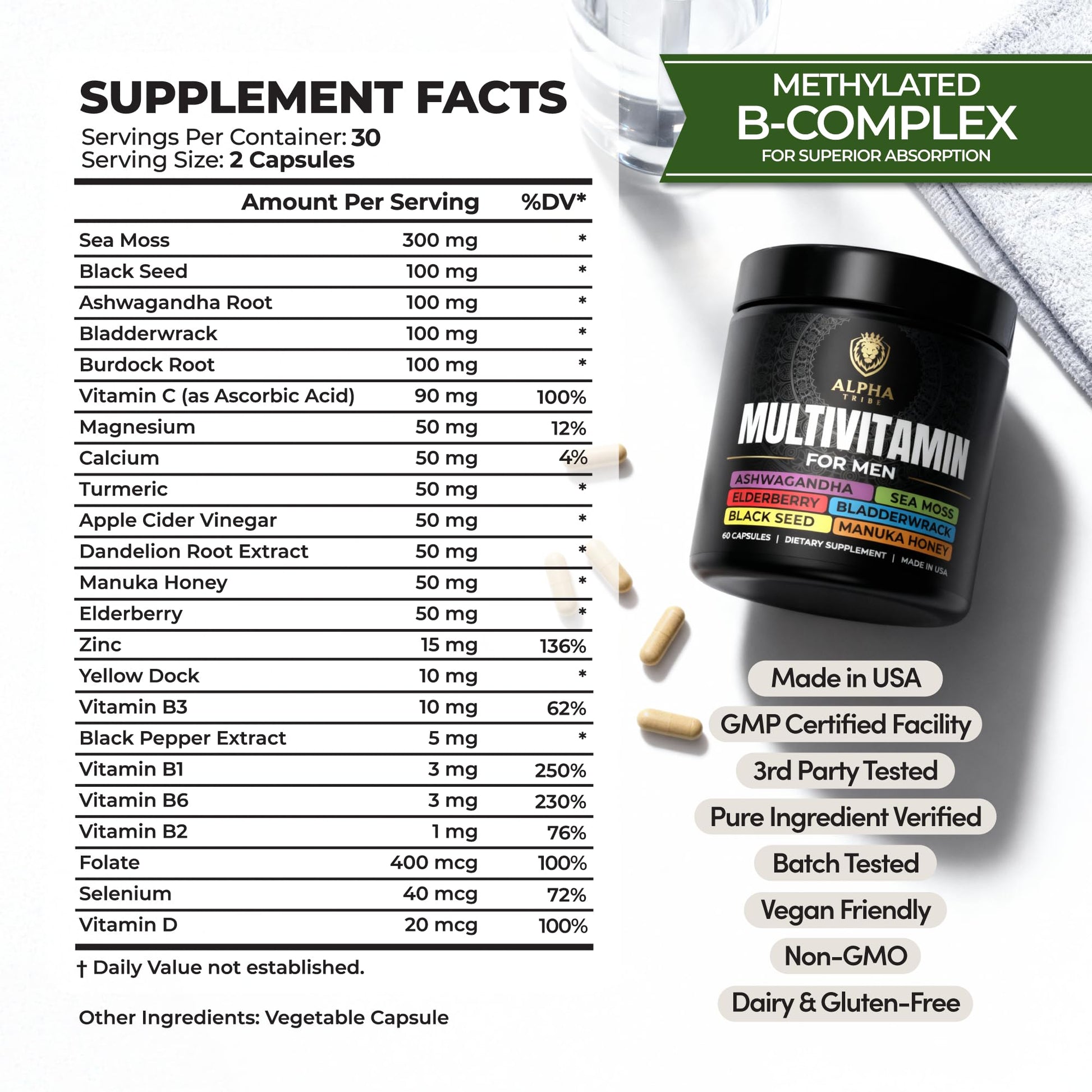 Alpha Tribe Multivitamin for Men & Organizer w/Seamoss Black Seed Oil Ashwagandha Burdock Root Turmeric Bladderwrack Vitamin C | Daily Men's Vitamins & Minerals Supplement | 60 Count - dailyvitalstore