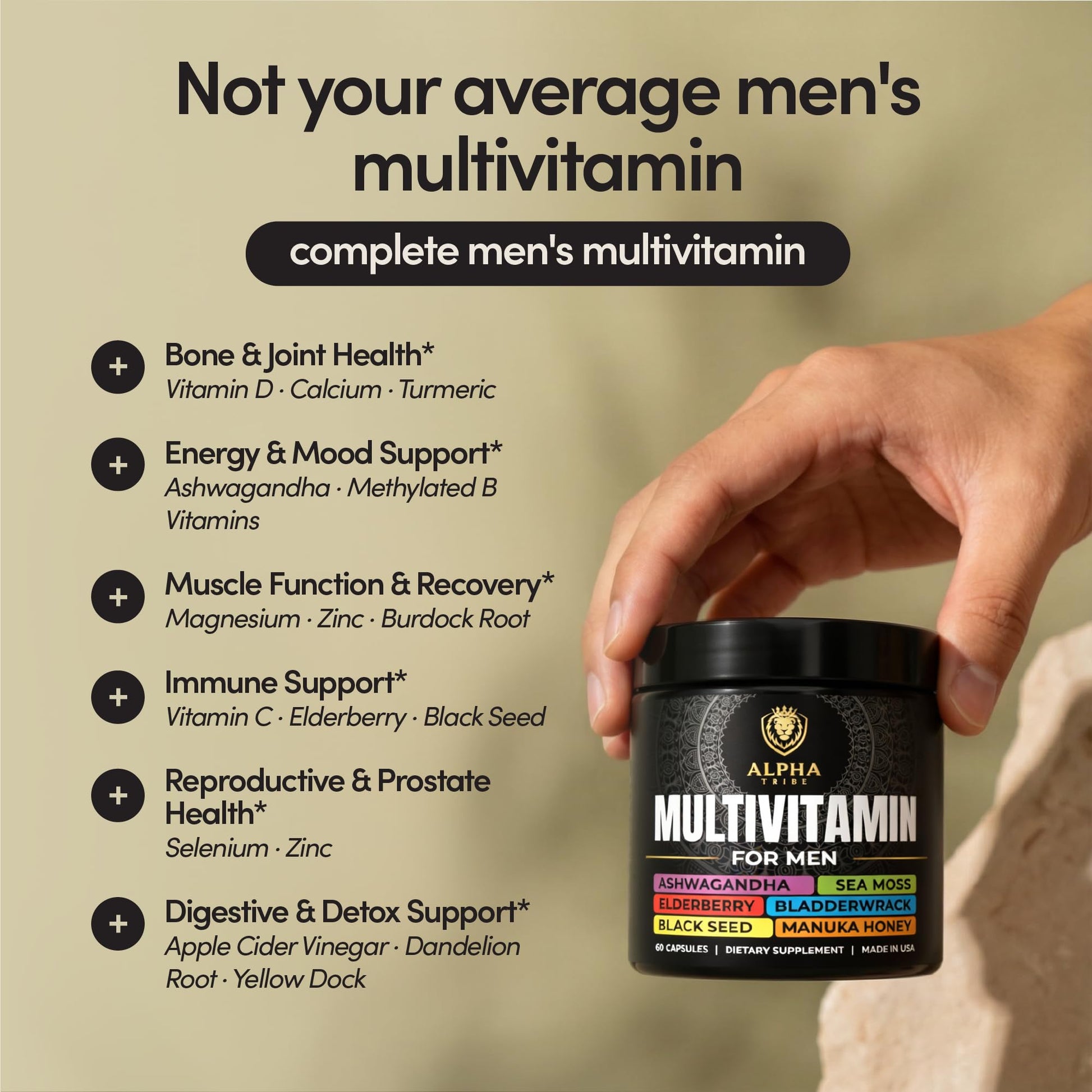 Alpha Tribe Multivitamin for Men & Organizer w/Seamoss Black Seed Oil Ashwagandha Burdock Root Turmeric Bladderwrack Vitamin C | Daily Men's Vitamins & Minerals Supplement | 60 Count - dailyvitalstore