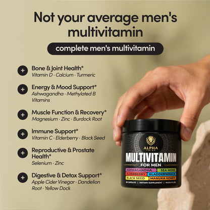Alpha Tribe Multivitamin for Men & Organizer w/Seamoss Black Seed Oil Ashwagandha Burdock Root Turmeric Bladderwrack Vitamin C | Daily Men's Vitamins & Minerals Supplement | 60 Count - dailyvitalstore