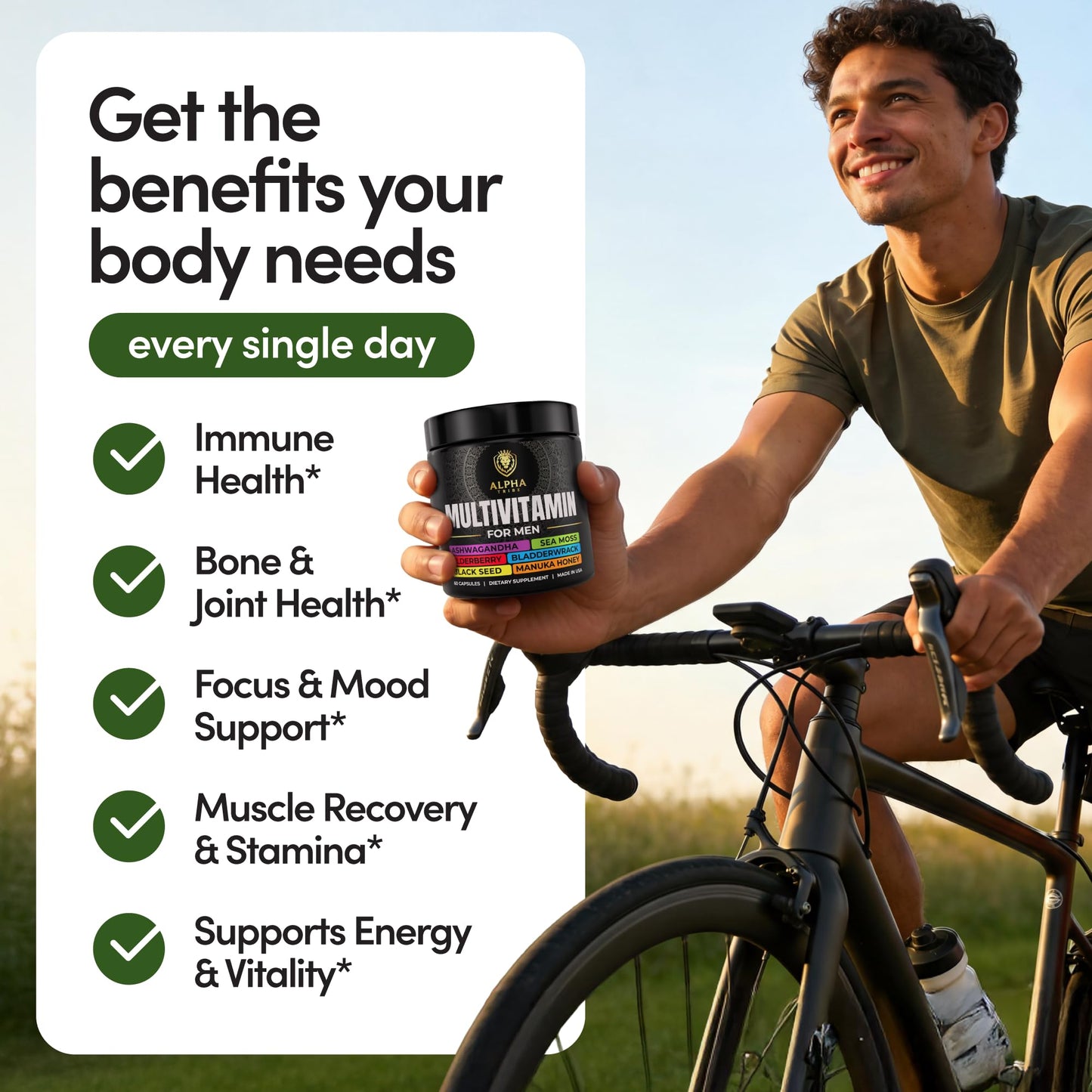 Alpha Tribe Multivitamin for Men & Organizer w/Seamoss Black Seed Oil Ashwagandha Burdock Root Turmeric Bladderwrack Vitamin C | Daily Men's Vitamins & Minerals Supplement | 60 Count - dailyvitalstore