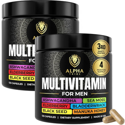 Alpha Tribe Multivitamin for Men with Sea Moss, Black Seed Oil, Ashwagandha, Turmeric, Bladderwrack, Burdock, Vitamin C, Elderberry, Manuka | Daily Vitamins & Minerals Supplement Capsules - 240 Count - dailyvitalstore