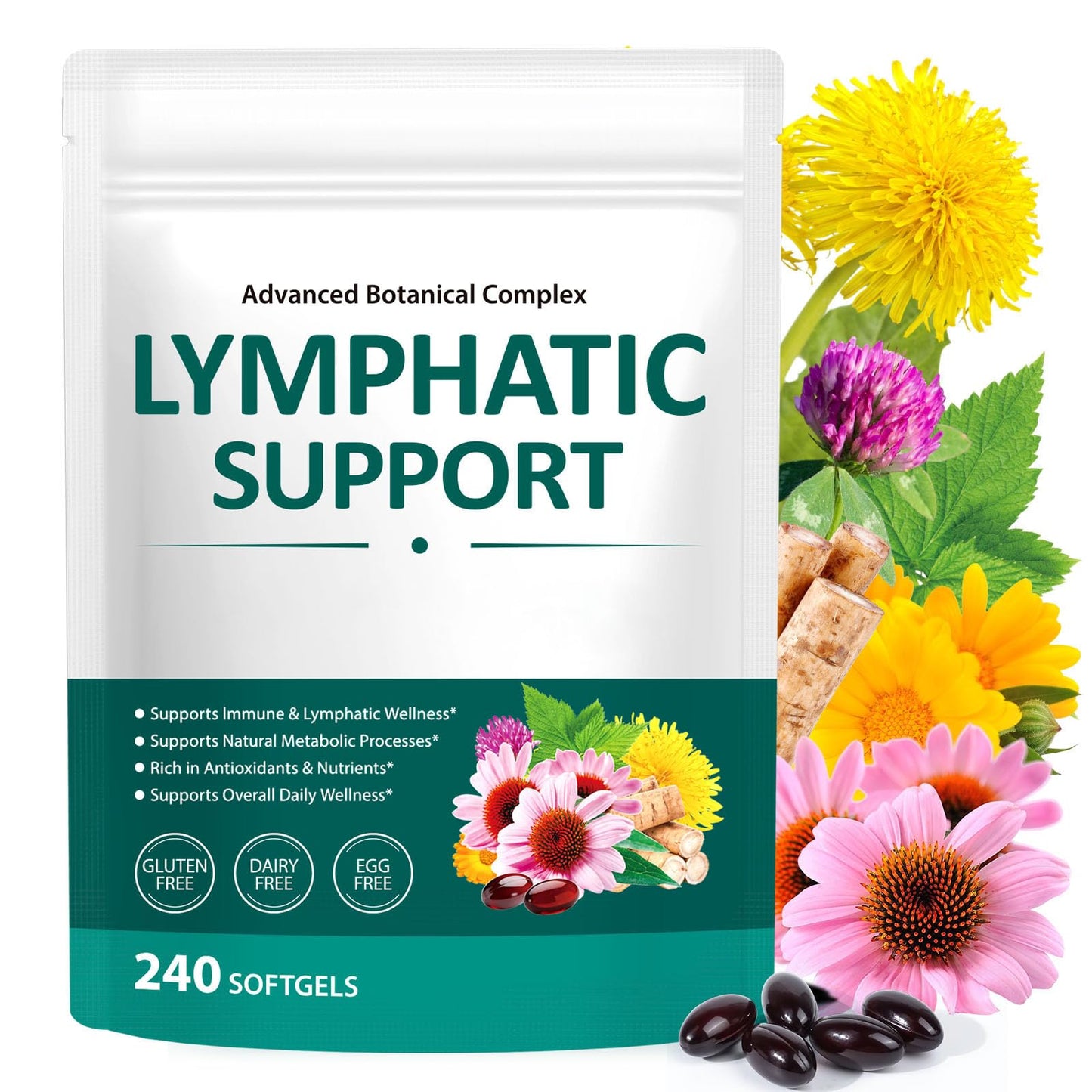 Alstaky Lymphatic Drainage Supplement - 240 Softgels, with Echinacea, Dandelion, and Burdock, Promotes Healthy Circulation & Fluid Balance, Lymph System Support Supplement for Women & Men - dailyvitalstore