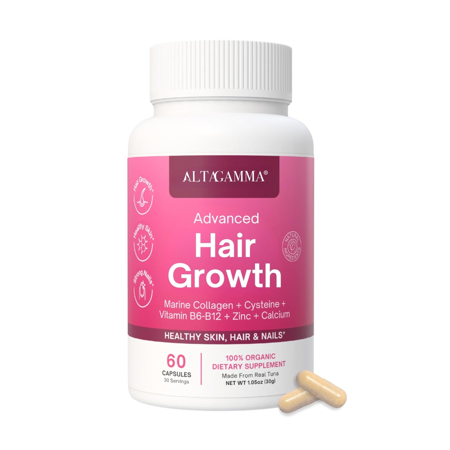 ALTAGAMMA Hair Growth Supplements - Nourishes Thinning, Strengthen Nails & Skin & Combat Hair Loss - Hair Growth Vitamins for Women & Men with Marine Collagen Peptides, 60 Capsules | 30 Day Supply - dailyvitalstore
