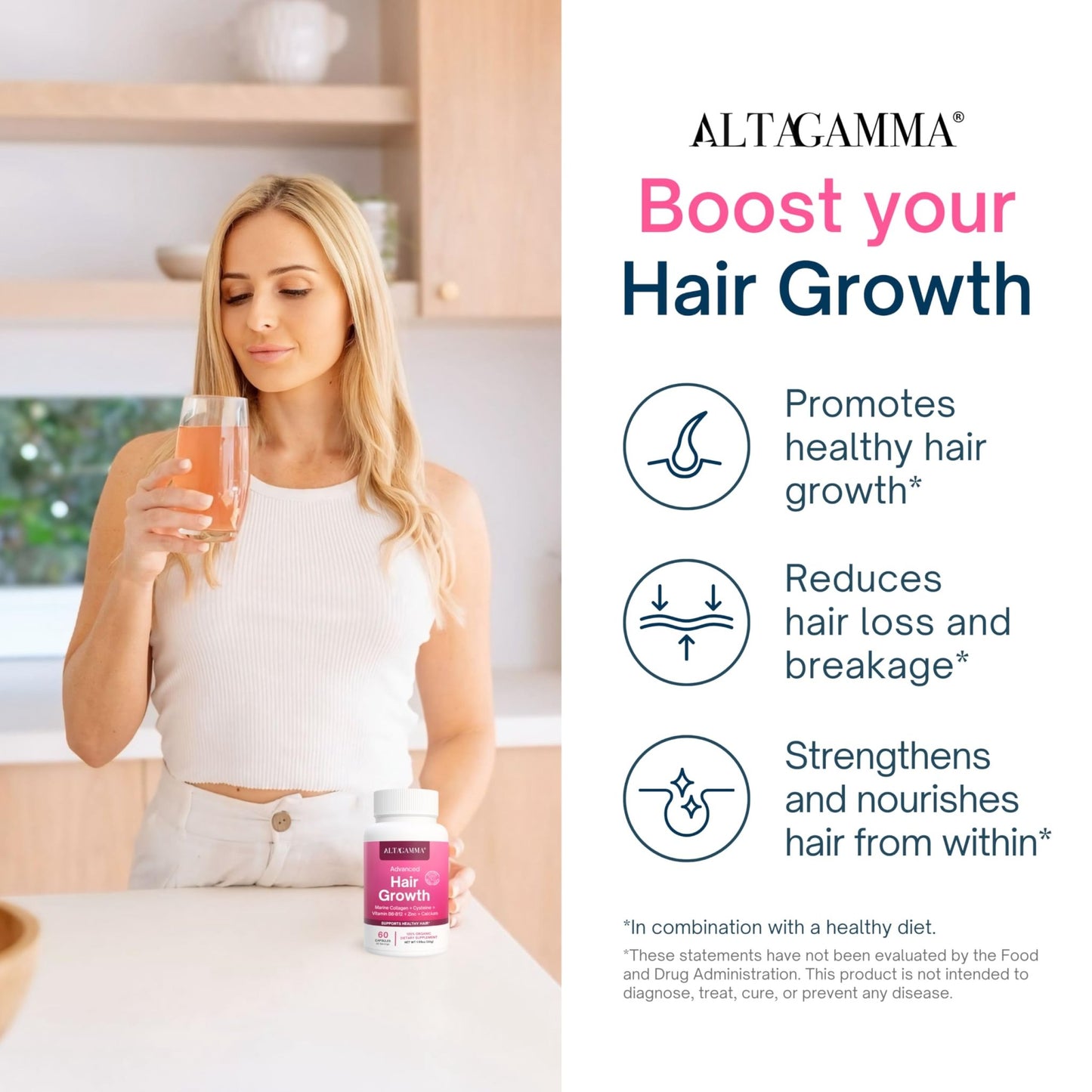 ALTAGAMMA Hair Growth Supplements - Nourishes Thinning, Strengthen Nails & Skin & Combat Hair Loss - Hair Growth Vitamins for Women & Men with Marine Collagen Peptides, 60 Capsules | 30 Day Supply - dailyvitalstore