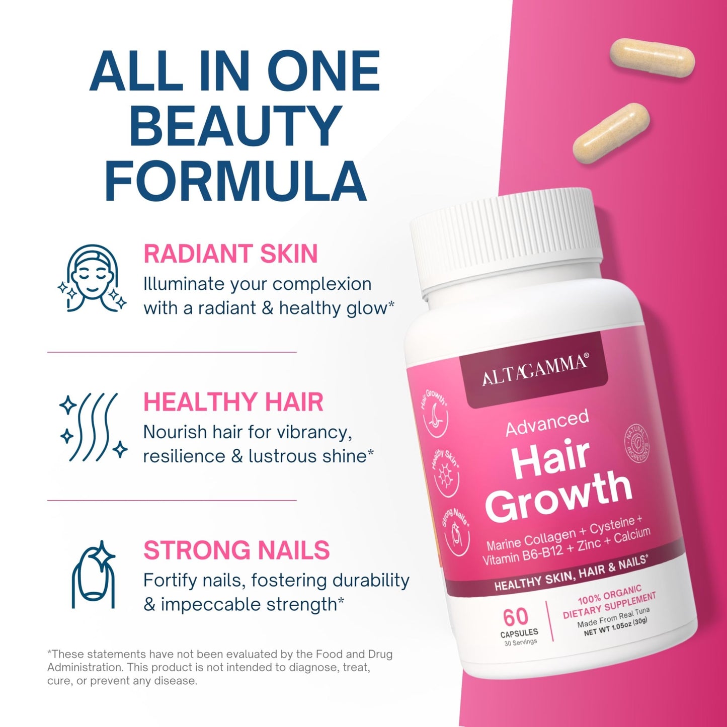 ALTAGAMMA Hair Growth Supplements - Nourishes Thinning, Strengthen Nails & Skin & Combat Hair Loss - Hair Growth Vitamins for Women & Men with Marine Collagen Peptides, 60 Capsules | 30 Day Supply - dailyvitalstore