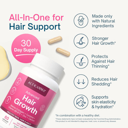 ALTAGAMMA Hair Growth Supplements - Nourishes Thinning, Strengthen Nails & Skin & Combat Hair Loss - Hair Growth Vitamins for Women & Men with Marine Collagen Peptides, 60 Capsules | 30 Day Supply - dailyvitalstore