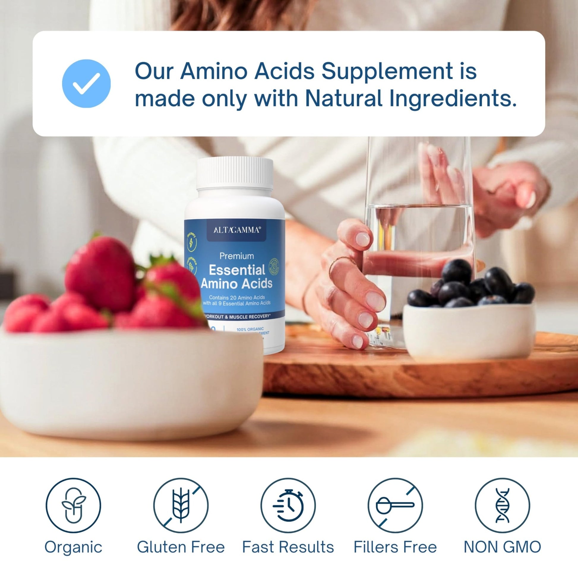 ALTAGAMMA Pure Amino Acids Complex - Protein for Pre/Post Workout, Energy & Muscle Recovery - 9 Essential Amino Acids Supplement (EAA) & BCAAs - Leucine, Lysine, L Tyrosine, L Arginine, 60 Capsules - dailyvitalstore