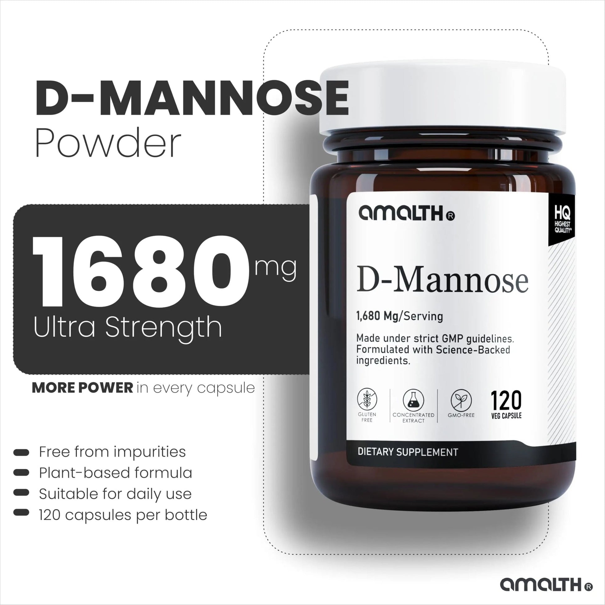 AMALTH D-Mannose Capsules 1680 mg per Serving, 120 Vegan Capsules, Pure Single Ingredient Mannose Supplement, Urinary Tract Support, UTI Wellness Support, Non GMO, Gluten Free - dailyvitalstore