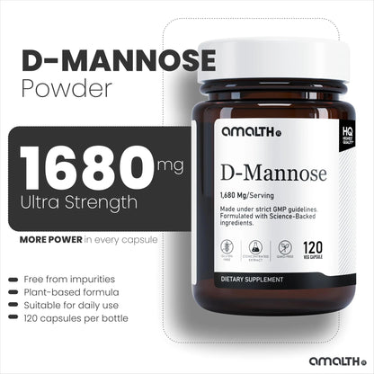 AMALTH D-Mannose Capsules 1680 mg per Serving, 120 Vegan Capsules, Pure Single Ingredient Mannose Supplement, Urinary Tract Support, UTI Wellness Support, Non GMO, Gluten Free - dailyvitalstore