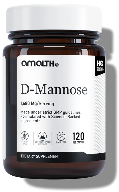 AMALTH D-Mannose Capsules 1680 mg per Serving, 120 Vegan Capsules, Pure Single Ingredient Mannose Supplement, Urinary Tract Support, UTI Wellness Support, Non GMO, Gluten Free - dailyvitalstore