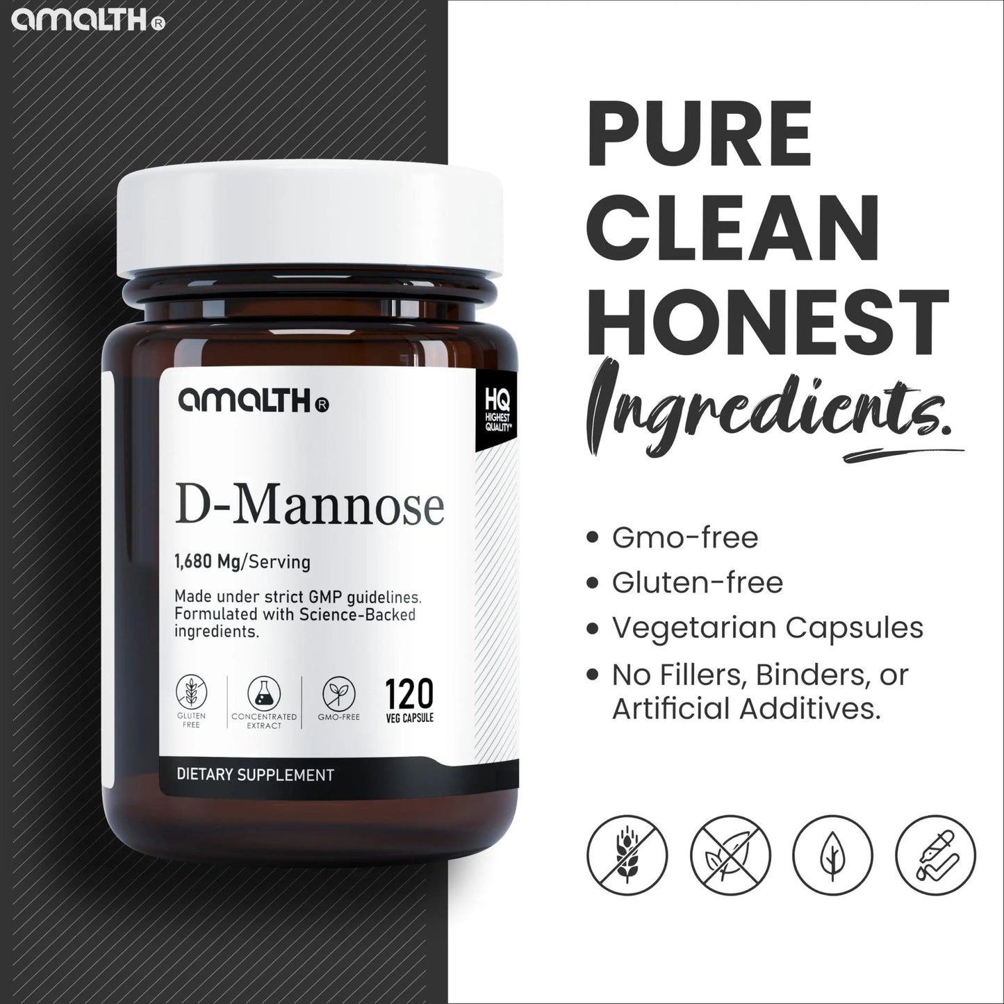 AMALTH D-Mannose Capsules 1680 mg per Serving, 120 Vegan Capsules, Pure Single Ingredient Mannose Supplement, Urinary Tract Support, UTI Wellness Support, Non GMO, Gluten Free - dailyvitalstore