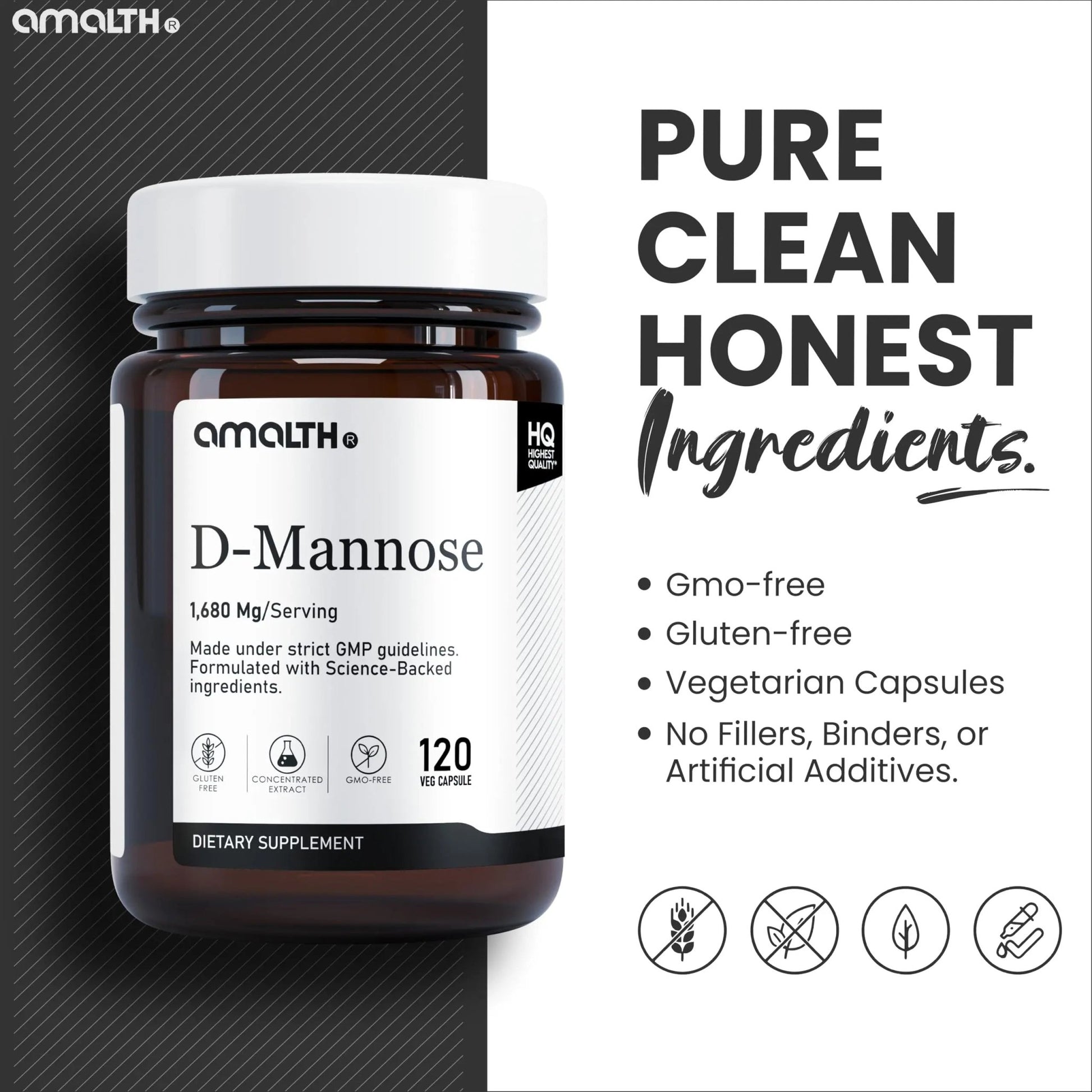 AMALTH D-Mannose Capsules 1680 mg per Serving, 120 Vegan Capsules, Pure Single Ingredient Mannose Supplement, Urinary Tract Support, UTI Wellness Support, Non GMO, Gluten Free - dailyvitalstore