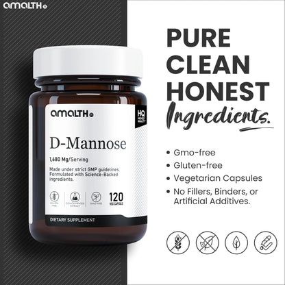 AMALTH D-Mannose Capsules 1680 mg per Serving, 120 Vegan Capsules, Pure Single Ingredient Mannose Supplement, Urinary Tract Support, UTI Wellness Support, Non GMO, Gluten Free - dailyvitalstore
