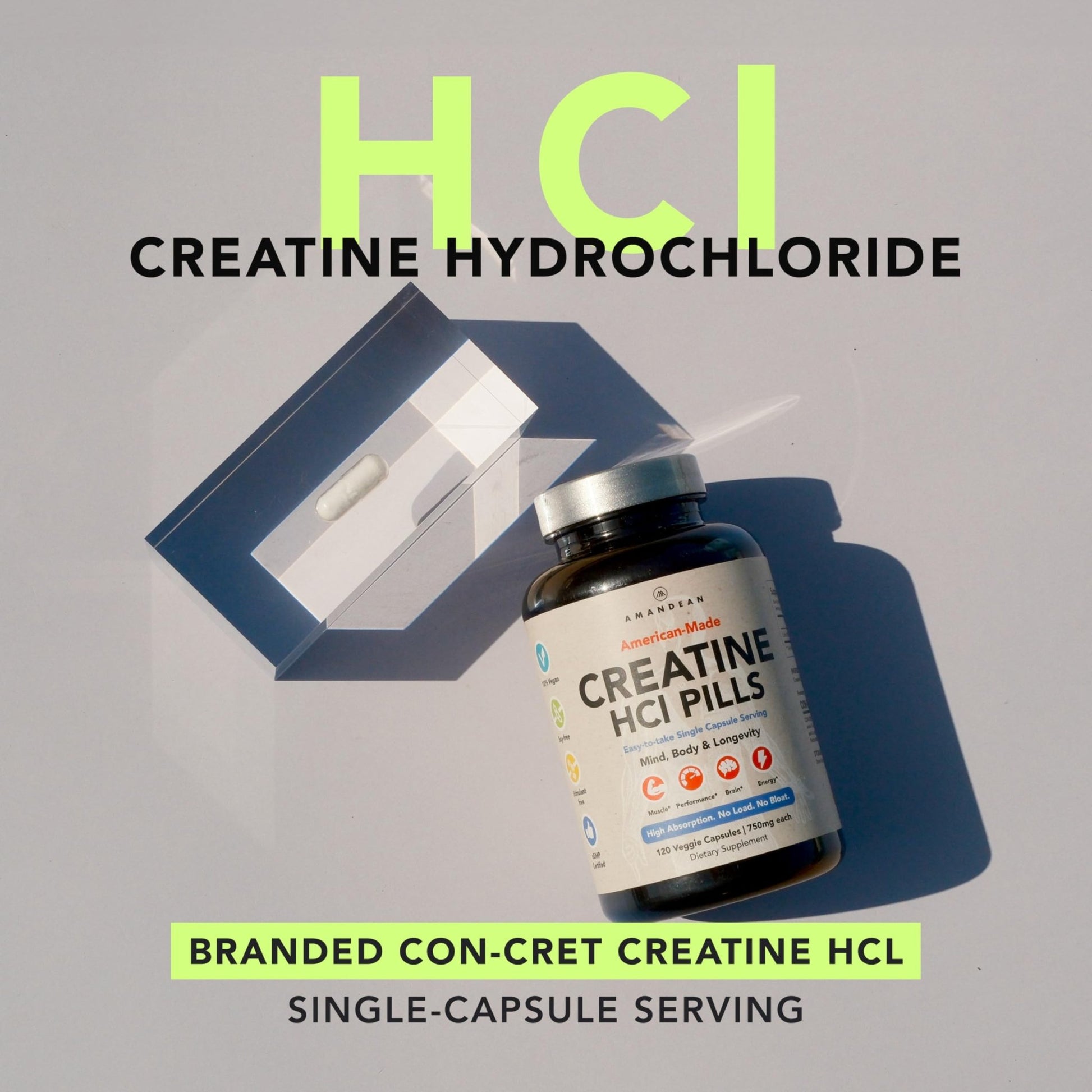 AMANDEAN Creatine HCl Pills. American Made CON-CRET. 120 Capsules. 7X Concentrated. No Bloat. Muscle, Energy, Cognitive, Recovery Support for Men & Women. Gluten Free, Non-GMO. - dailyvitalstore