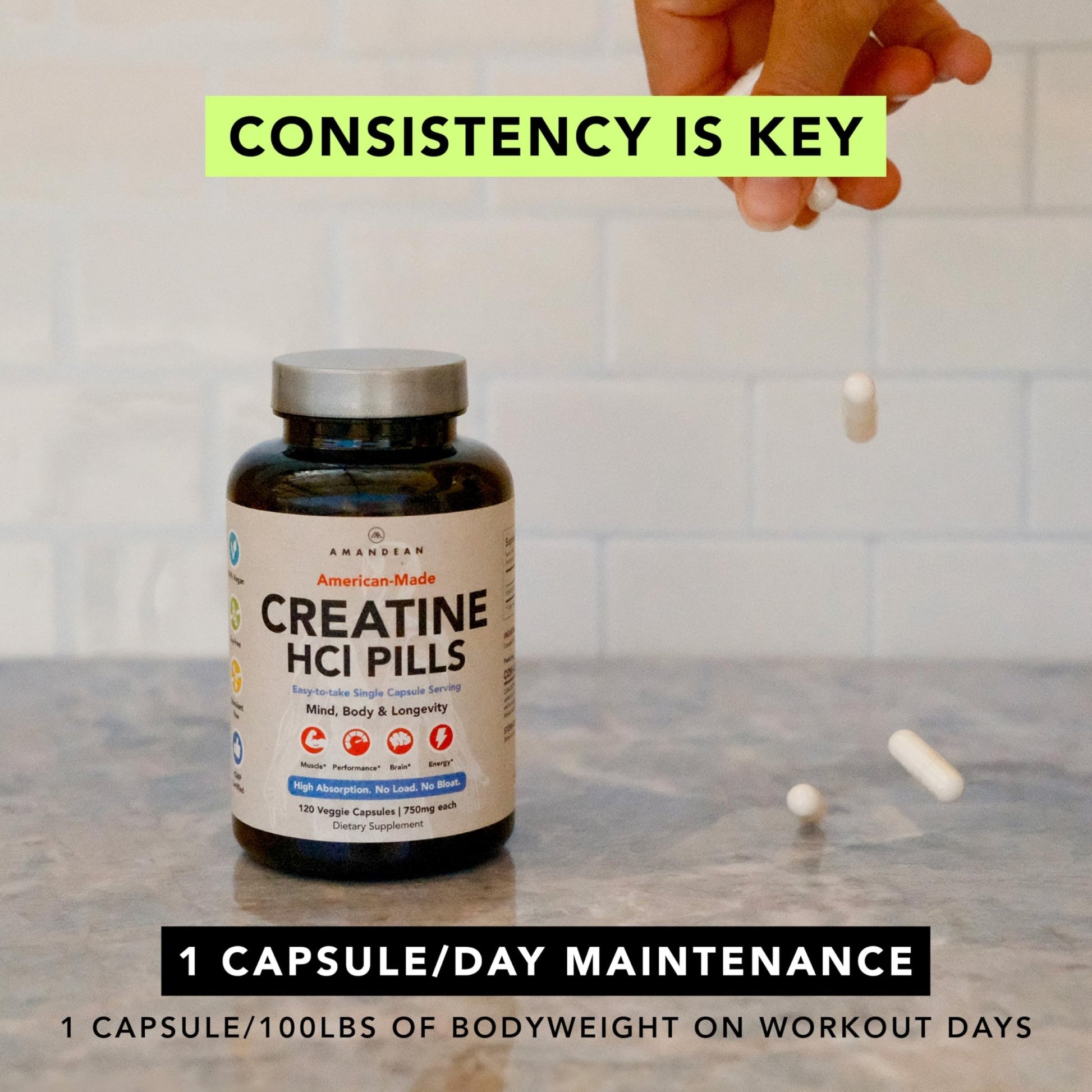 AMANDEAN Creatine HCl Pills. American Made CON-CRET. 120 Capsules. 7X Concentrated. No Bloat. Muscle, Energy, Cognitive, Recovery Support for Men & Women. Gluten Free, Non-GMO. - dailyvitalstore