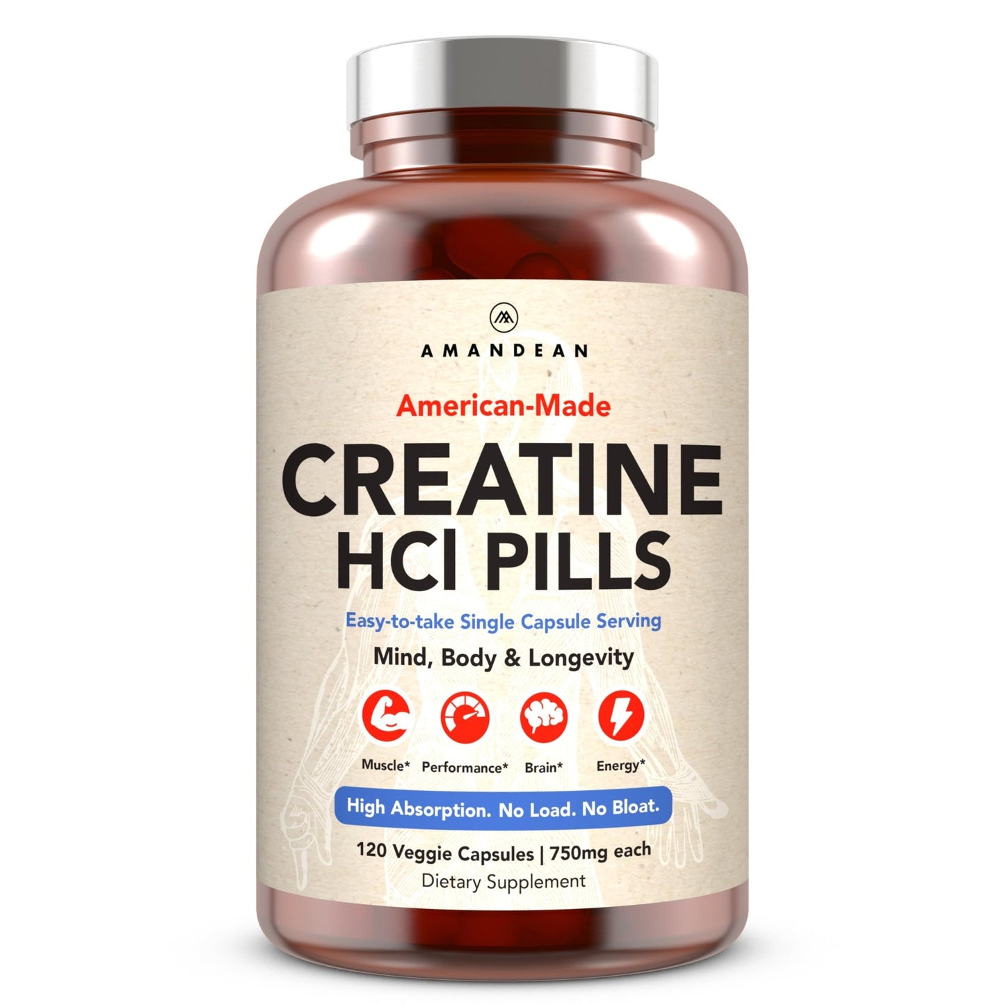 AMANDEAN Creatine HCl Pills. American Made CON-CRET. 120 Capsules. 7X Concentrated. No Bloat. Muscle, Energy, Cognitive, Recovery Support for Men & Women. Gluten Free, Non-GMO. - dailyvitalstore