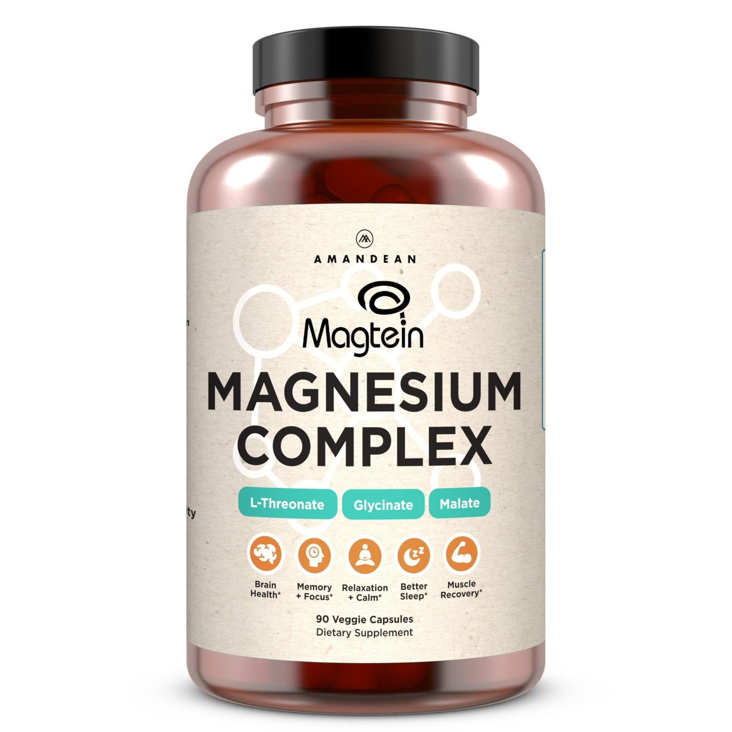 AMANDEAN Magtein Magnesium Complex. L-Threonate, Glycinate, Malate Triple Blend Chelated Magnesium Supplement. 90 Veggie Capsules. High Absorption Branded Ingredients. Brain Health, Sleep, Calm*. - dailyvitalstore