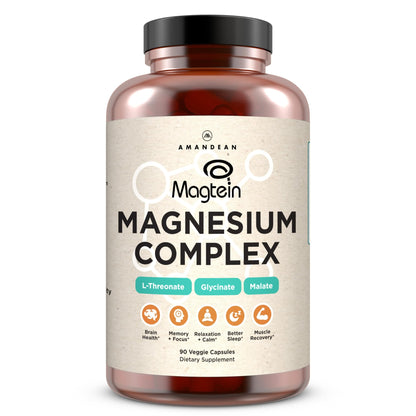 AMANDEAN Magtein Magnesium Complex. L-Threonate, Glycinate, Malate Triple Blend Chelated Magnesium Supplement. 90 Veggie Capsules. High Absorption Branded Ingredients. Brain Health, Sleep, Calm*. - dailyvitalstore