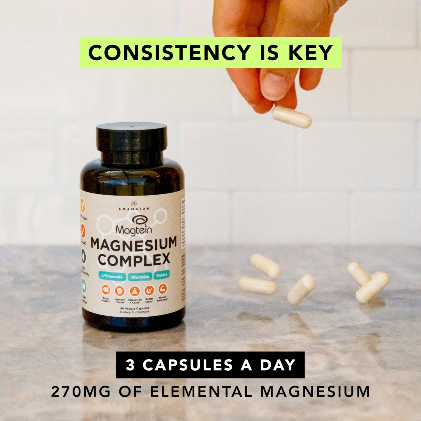 AMANDEAN Magtein Magnesium Complex. L-Threonate, Glycinate, Malate Triple Blend Chelated Magnesium Supplement. 90 Veggie Capsules. High Absorption Branded Ingredients. Brain Health, Sleep, Calm*. - dailyvitalstore