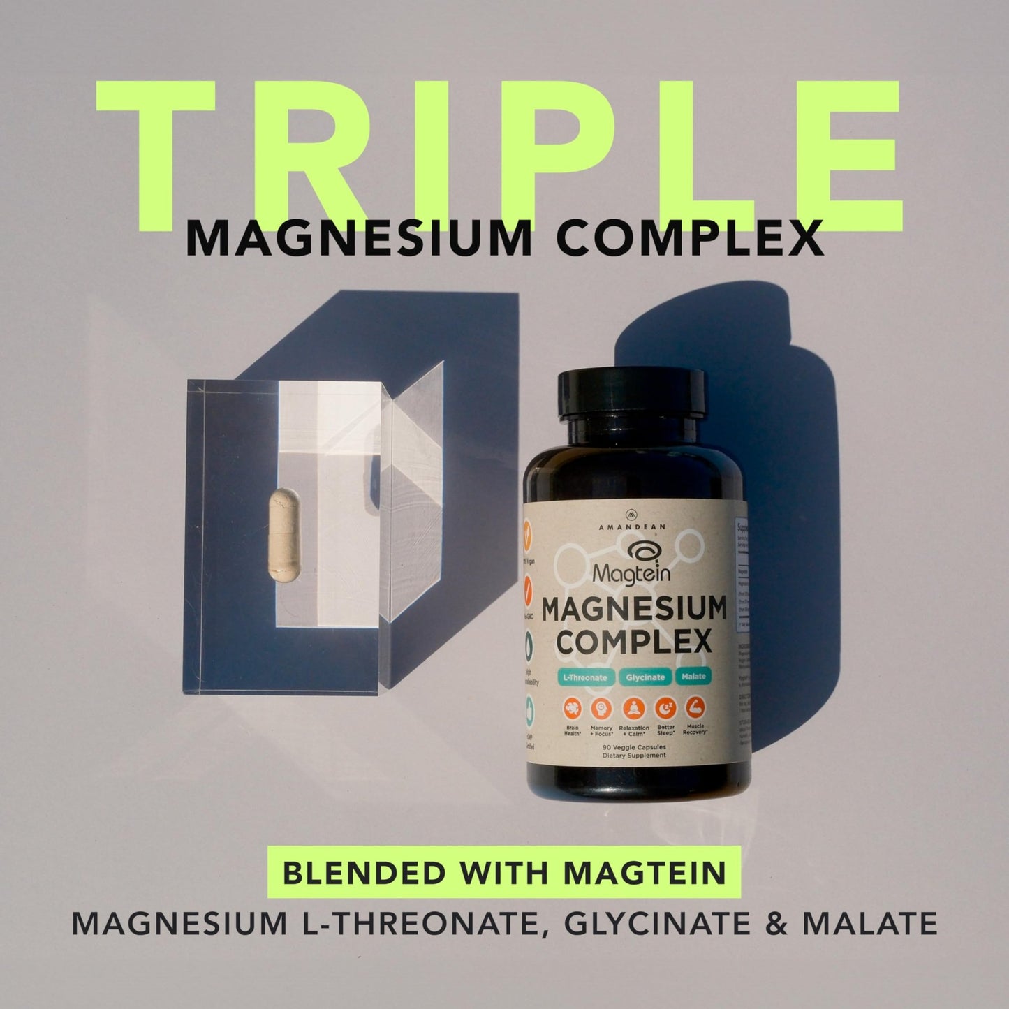 AMANDEAN Magtein Magnesium Complex. L-Threonate, Glycinate, Malate Triple Blend Chelated Magnesium Supplement. 90 Veggie Capsules. High Absorption Branded Ingredients. Brain Health, Sleep, Calm*. - dailyvitalstore