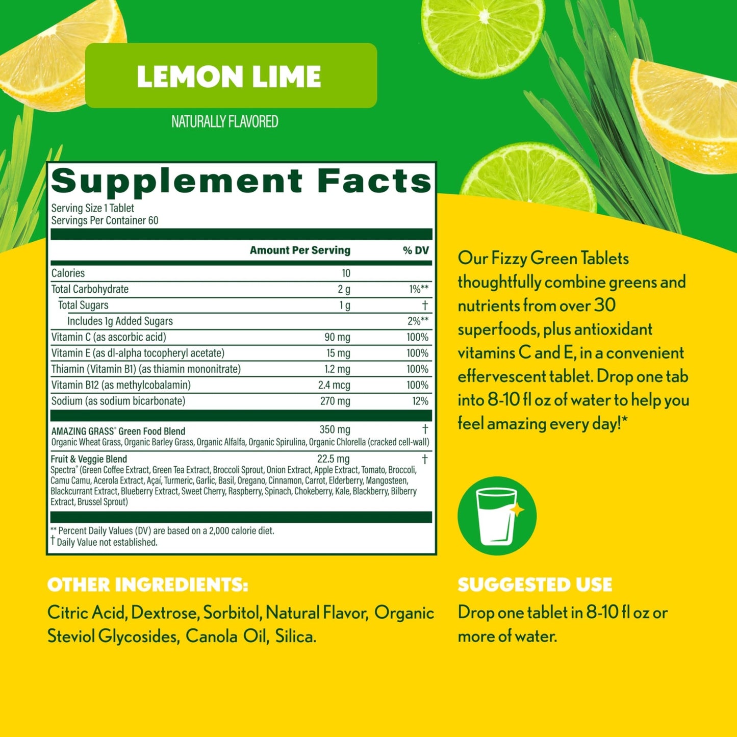 Amazing Grass Effervescent Tablets: Green Superfood Water Flavoring Tablet with Antioxidants & Alkalizing Greens, Lemon Lime, 60 Count - dailyvitalstore
