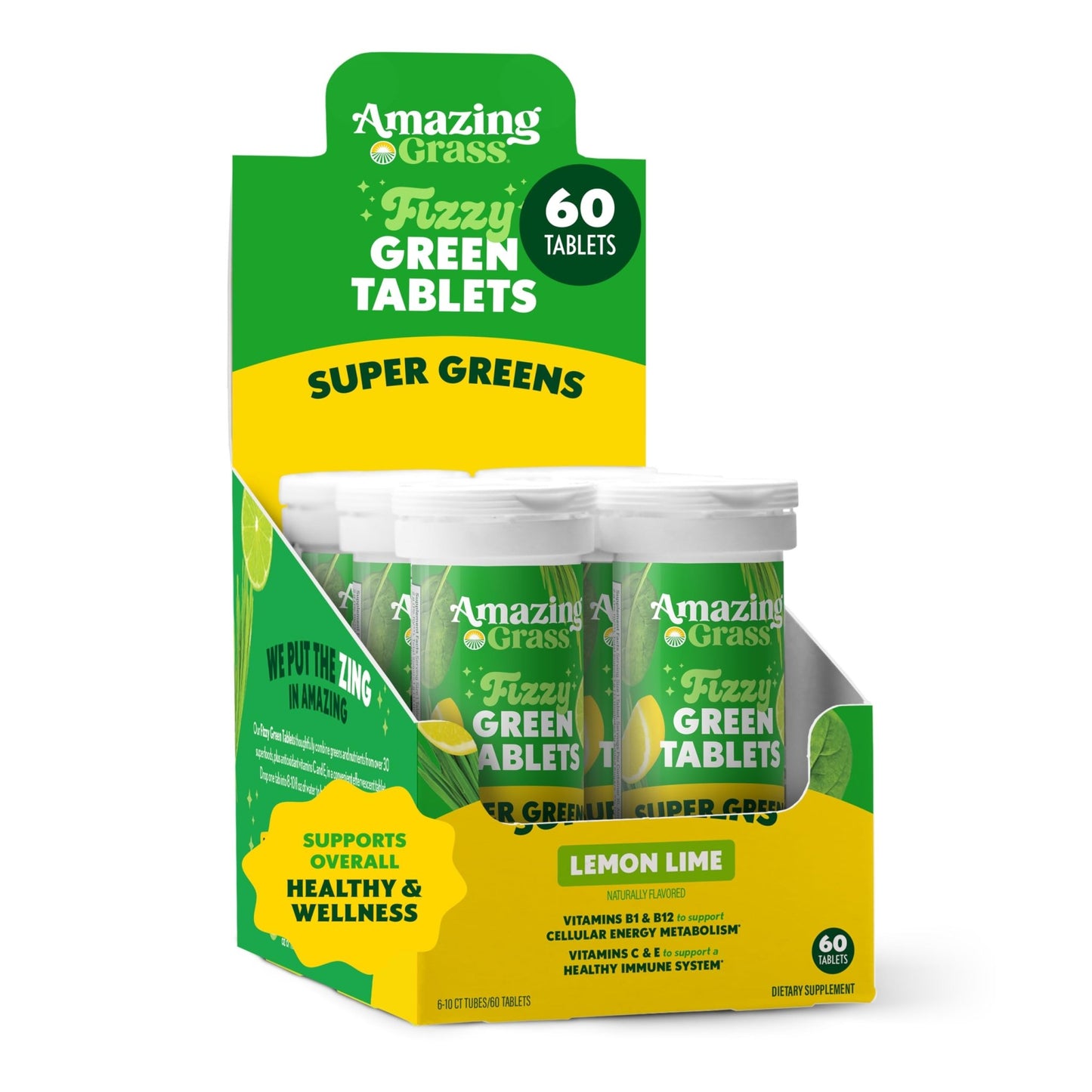 Amazing Grass Effervescent Tablets: Green Superfood Water Flavoring Tablet with Antioxidants & Alkalizing Greens, Lemon Lime, 60 Count - dailyvitalstore