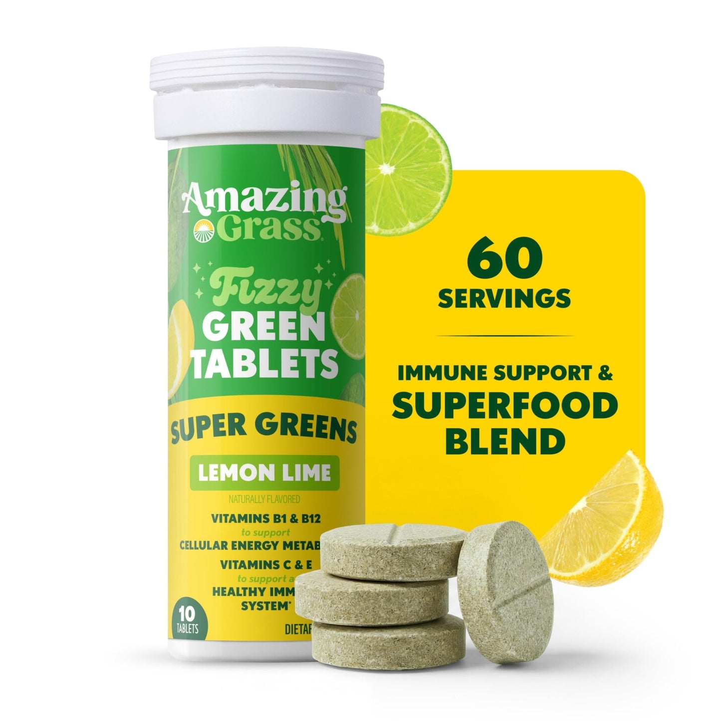 Amazing Grass Effervescent Tablets: Green Superfood Water Flavoring Tablet with Antioxidants & Alkalizing Greens, Lemon Lime, 60 Count - dailyvitalstore