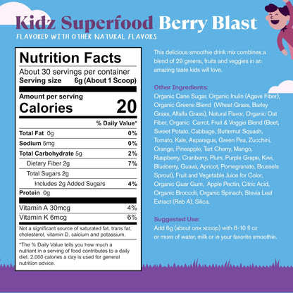 Amazing Grass Kidz Superfood: Organic Greens, Fruits, Veggies, Beet Root Powder & Probiotics for Healthy Kids, Berry Blast, 30 Servings - dailyvitalstore