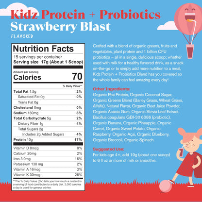 Amazing Grass Kidz Superfood: Vegan Protein & Probiotics for Kids with Beet Root Powder & 1/2 Cup of Leafy Greens, Strawberry Blast, 15 Servings - dailyvitalstore