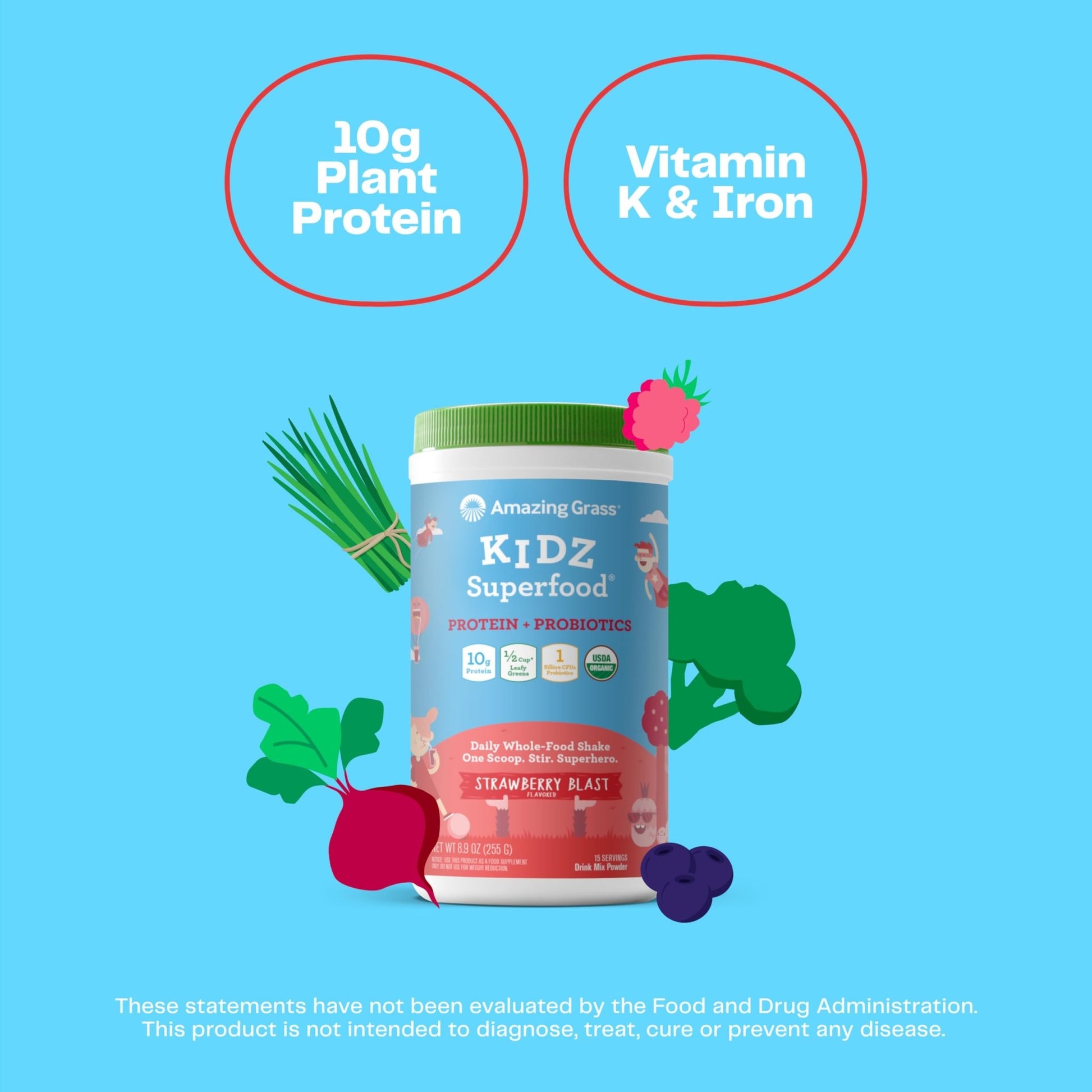 Amazing Grass Kidz Superfood: Vegan Protein & Probiotics for Kids with Beet Root Powder & 1/2 Cup of Leafy Greens, Strawberry Blast, 15 Servings - dailyvitalstore