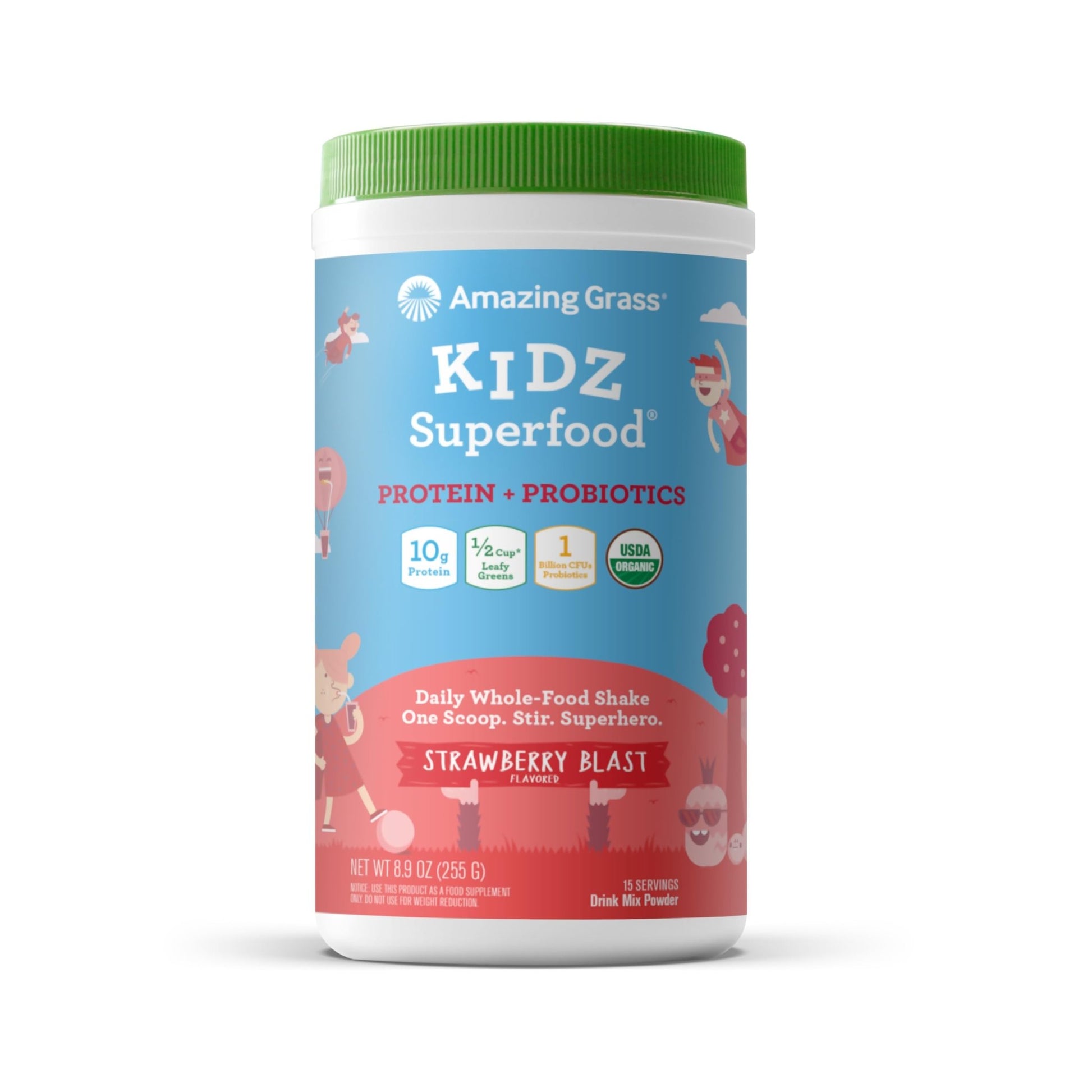 Amazing Grass Kidz Superfood: Vegan Protein & Probiotics for Kids with Beet Root Powder & 1/2 Cup of Leafy Greens, Strawberry Blast, 15 Servings - dailyvitalstore