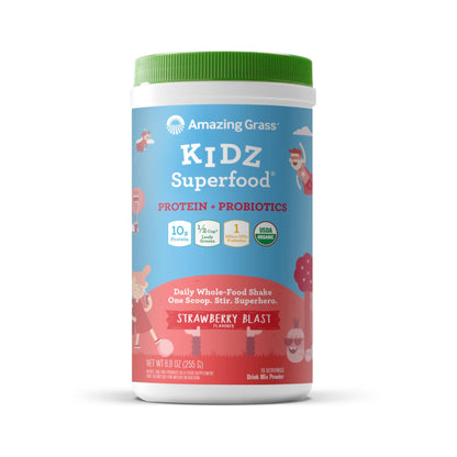Amazing Grass Kidz Superfood: Vegan Protein & Probiotics for Kids with Beet Root Powder & 1/2 Cup of Leafy Greens, Strawberry Blast, 15 Servings - dailyvitalstore