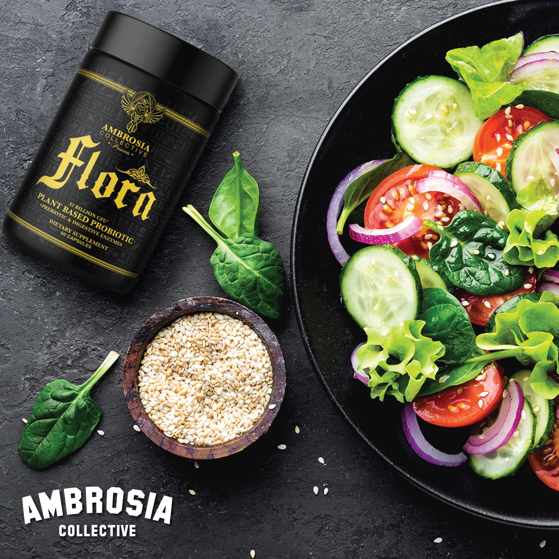 Ambrosia Flora Digestive Enzymes with Probiotics & Prebiotics | 32 Billion CFU Gut Health Supplement | Plant Based, Vegan Probiotic | 60 Veggie Capsules (30 Servings) - dailyvitalstore