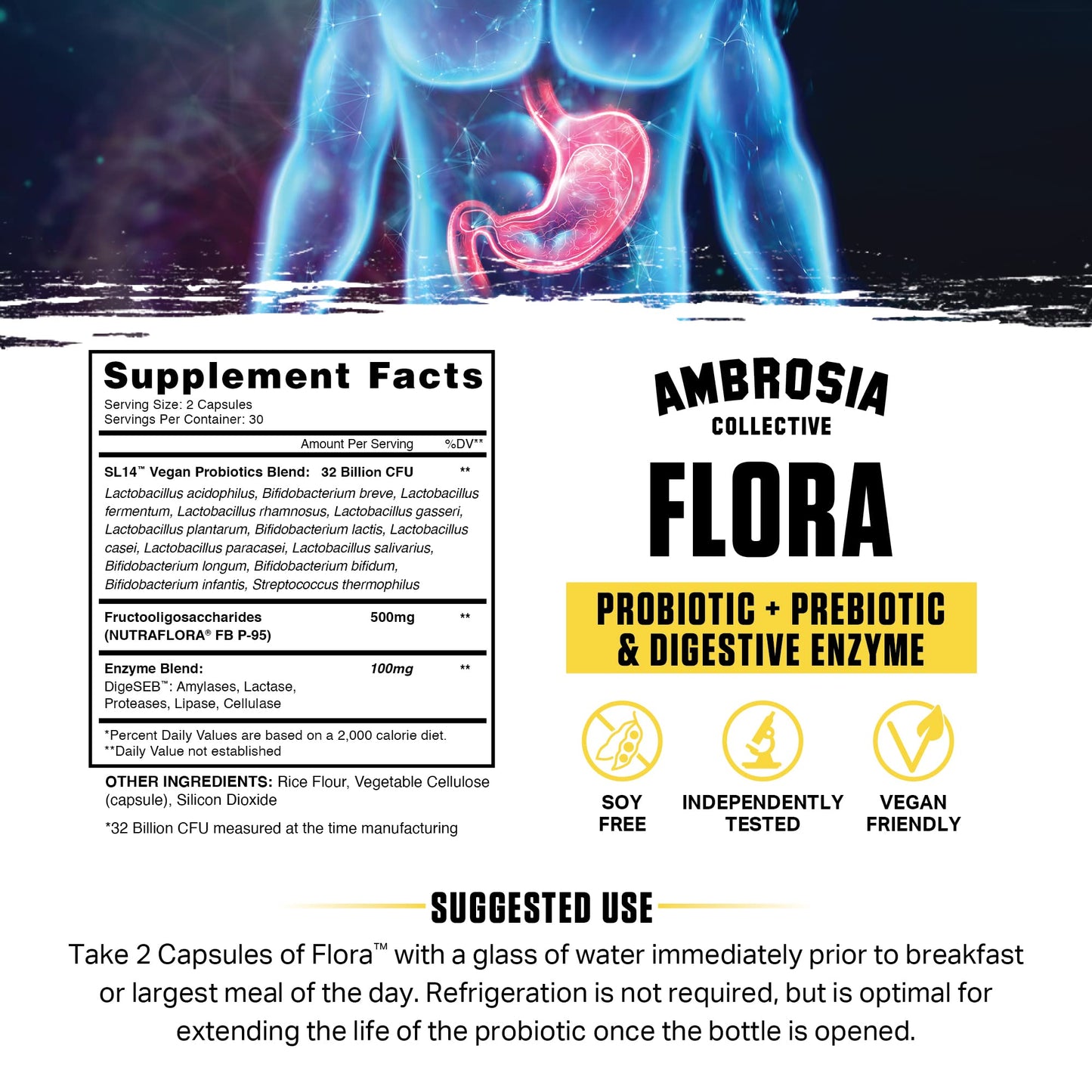Ambrosia Flora Digestive Enzymes with Probiotics & Prebiotics | 32 Billion CFU Gut Health Supplement | Plant Based, Vegan Probiotic | 60 Veggie Capsules (30 Servings) - dailyvitalstore