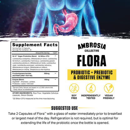 Ambrosia Flora Digestive Enzymes with Probiotics & Prebiotics | 32 Billion CFU Gut Health Supplement | Plant Based, Vegan Probiotic | 60 Veggie Capsules (30 Servings) - dailyvitalstore