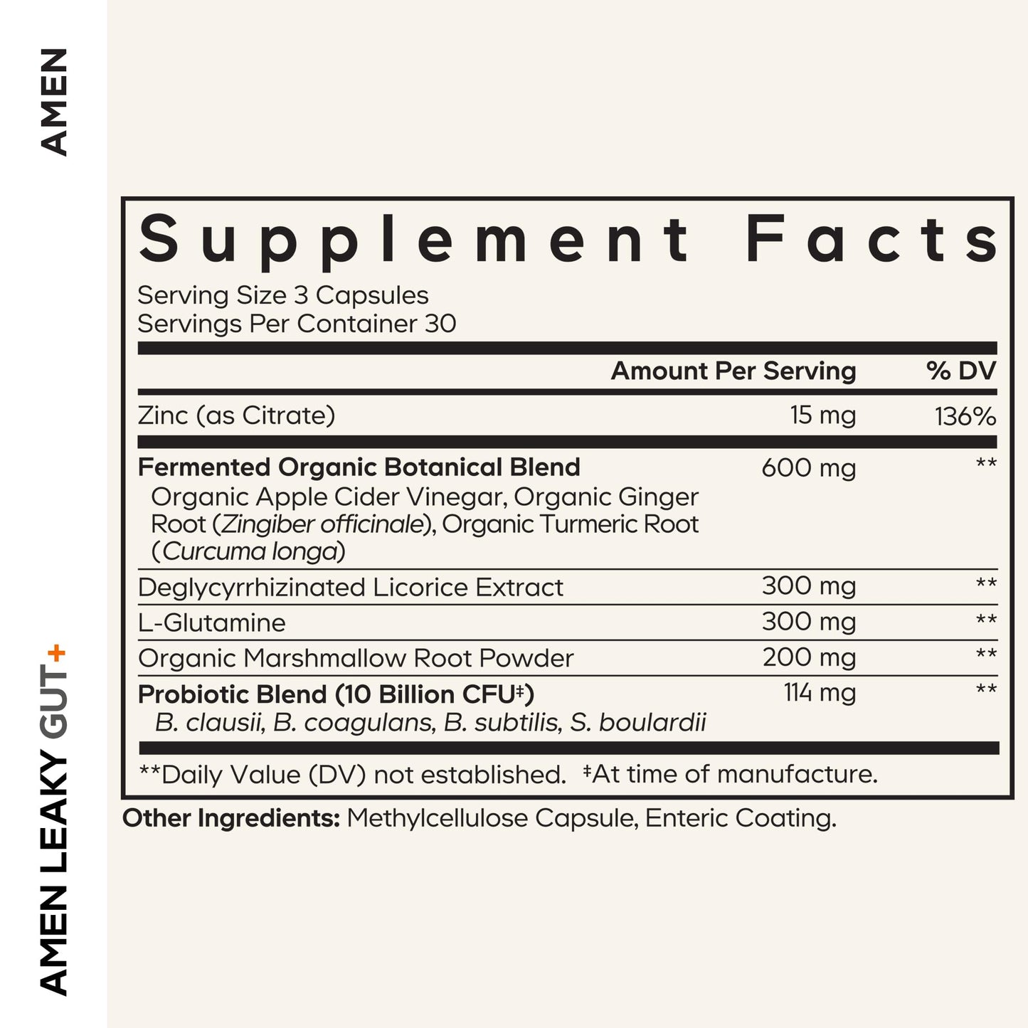 Amen Leaky Gut Supplement - Advanced Formula with Bioavailable L Glutamine, Zinc, Turmeric, DGL Licorice Root - Marshmallow Root - Probiotics & Fermented Prebiotics - dailyvitalstore