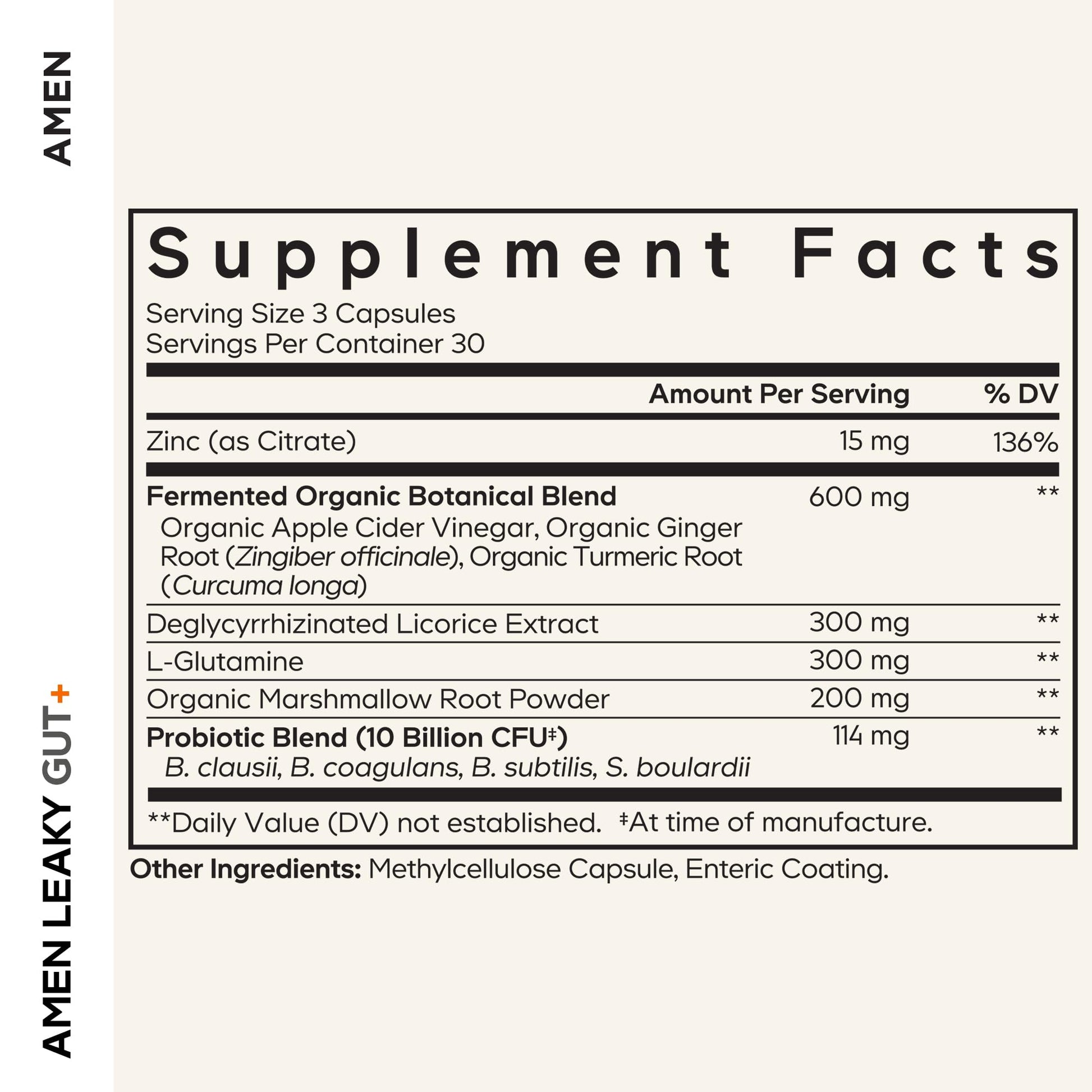Amen Leaky Gut Supplement - Advanced Formula with Bioavailable L Glutamine, Zinc, Turmeric, DGL Licorice Root - Marshmallow Root - Probiotics & Fermented Prebiotics - dailyvitalstore