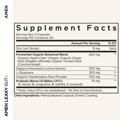 Amen Leaky Gut Supplement - Advanced Formula with Bioavailable L Glutamine, Zinc, Turmeric, DGL Licorice Root - Marshmallow Root - Probiotics & Fermented Prebiotics - dailyvitalstore