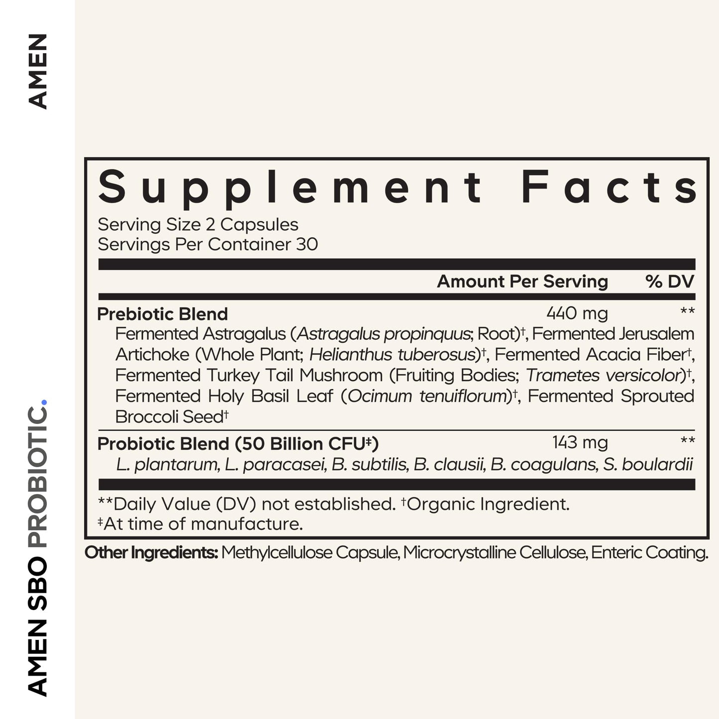 Amen Probiotics Supplement, SBO Probiotic and Organic Prebiotics, 50 Billion CFUs, Shelf Stable, No Refrigeration Required, Flora Daily Probiotic Formula for Women & Men - dailyvitalstore