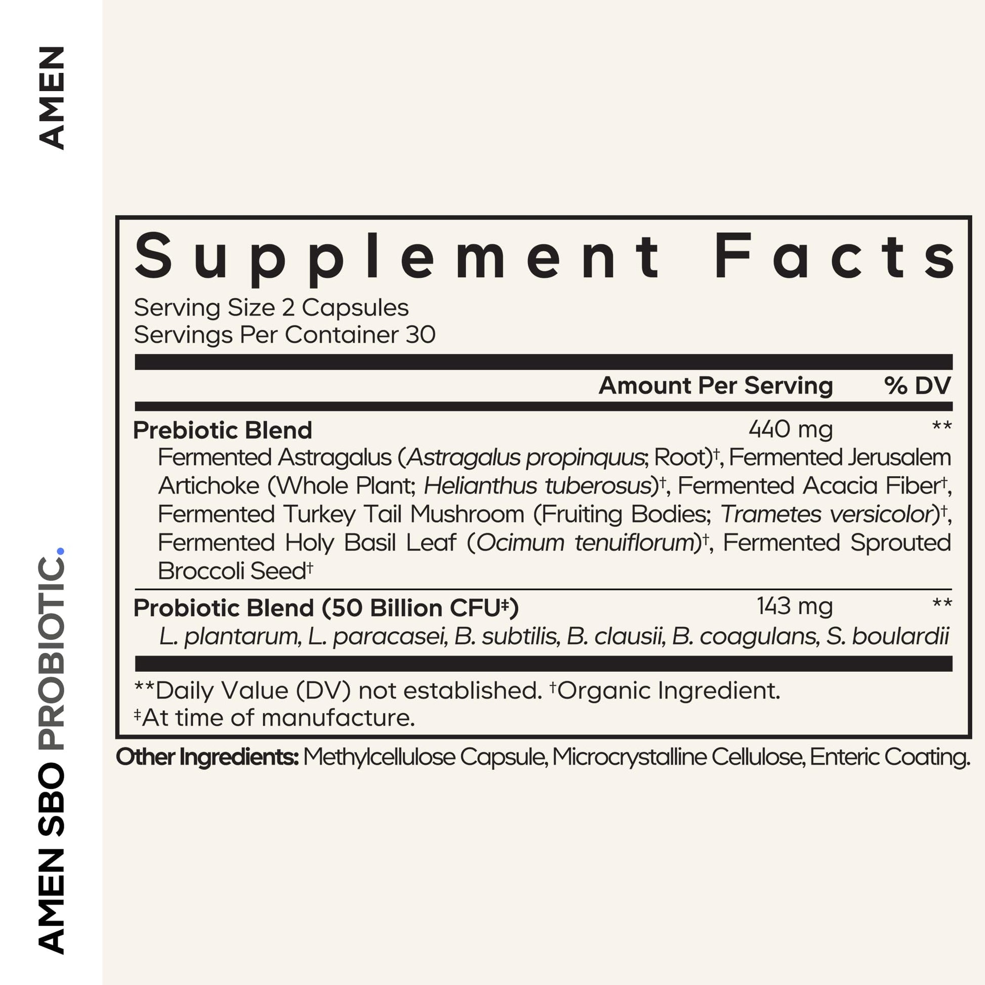 Amen Probiotics Supplement, SBO Probiotic and Organic Prebiotics, 50 Billion CFUs, Shelf Stable, No Refrigeration Required, Flora Daily Probiotic Formula for Women & Men - dailyvitalstore