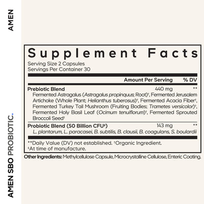Amen Probiotics Supplement, SBO Probiotic and Organic Prebiotics, 50 Billion CFUs, Shelf Stable, No Refrigeration Required, Flora Daily Probiotic Formula for Women & Men - dailyvitalstore