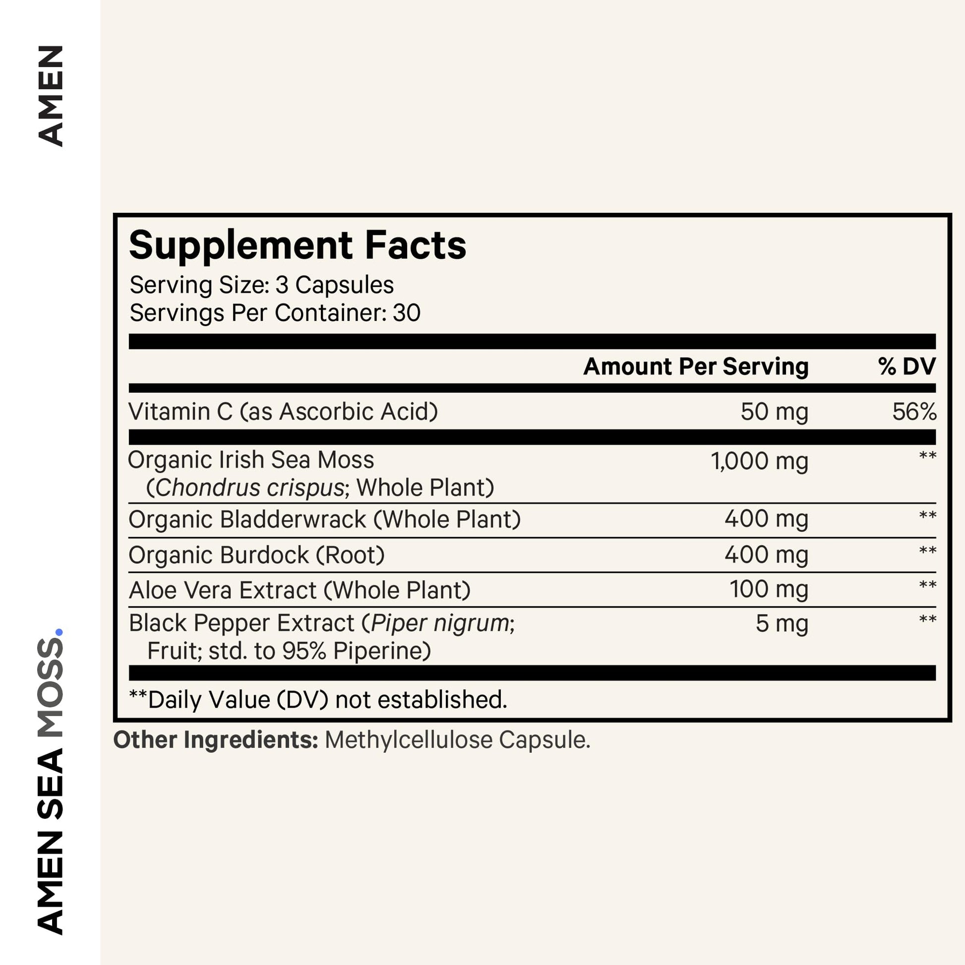 Amen Sea Moss Supplement - 1000mg Organic Irish Sea Moss, Bladderwrack, Burdock - Vitamin C, Aloe Vera, Black Pepper - Seaweed Superfood, Vitamins, Minerals, and Antioxidants - Non-GMO - 90 Capsules - dailyvitalstore