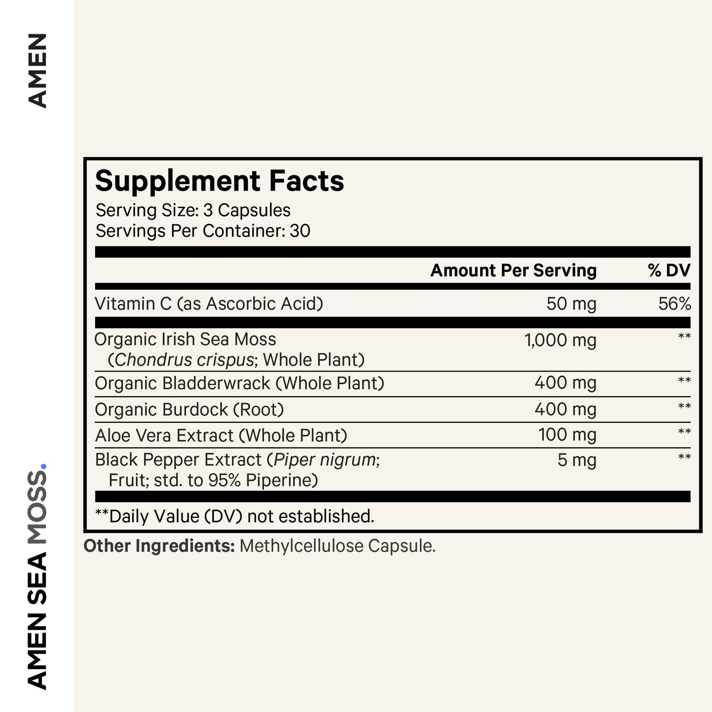 Amen Sea Moss Supplement - 1000mg Organic Irish Sea Moss, Bladderwrack, Burdock - Vitamin C, Aloe Vera, Black Pepper - Seaweed Superfood, Vitamins, Minerals, and Antioxidants - Non-GMO - 90 Capsules - dailyvitalstore