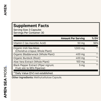Amen Sea Moss Supplement - 1000mg Organic Irish Sea Moss, Bladderwrack, Burdock - Vitamin C, Aloe Vera, Black Pepper - Seaweed Superfood, Vitamins, Minerals, and Antioxidants - Non-GMO - 90 Capsules - dailyvitalstore