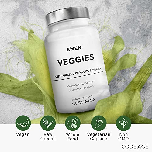 Amen Veggies, Daily Veggies Vitamins Supplement, Vegetables Vegan Blend & Whole-Food Raw Greens Multivitamin Capsules, Mushroom Complex, Superfood, Minerals, Green Vegetable Nutrients, Non-GMO, 90 ct - dailyvitalstore