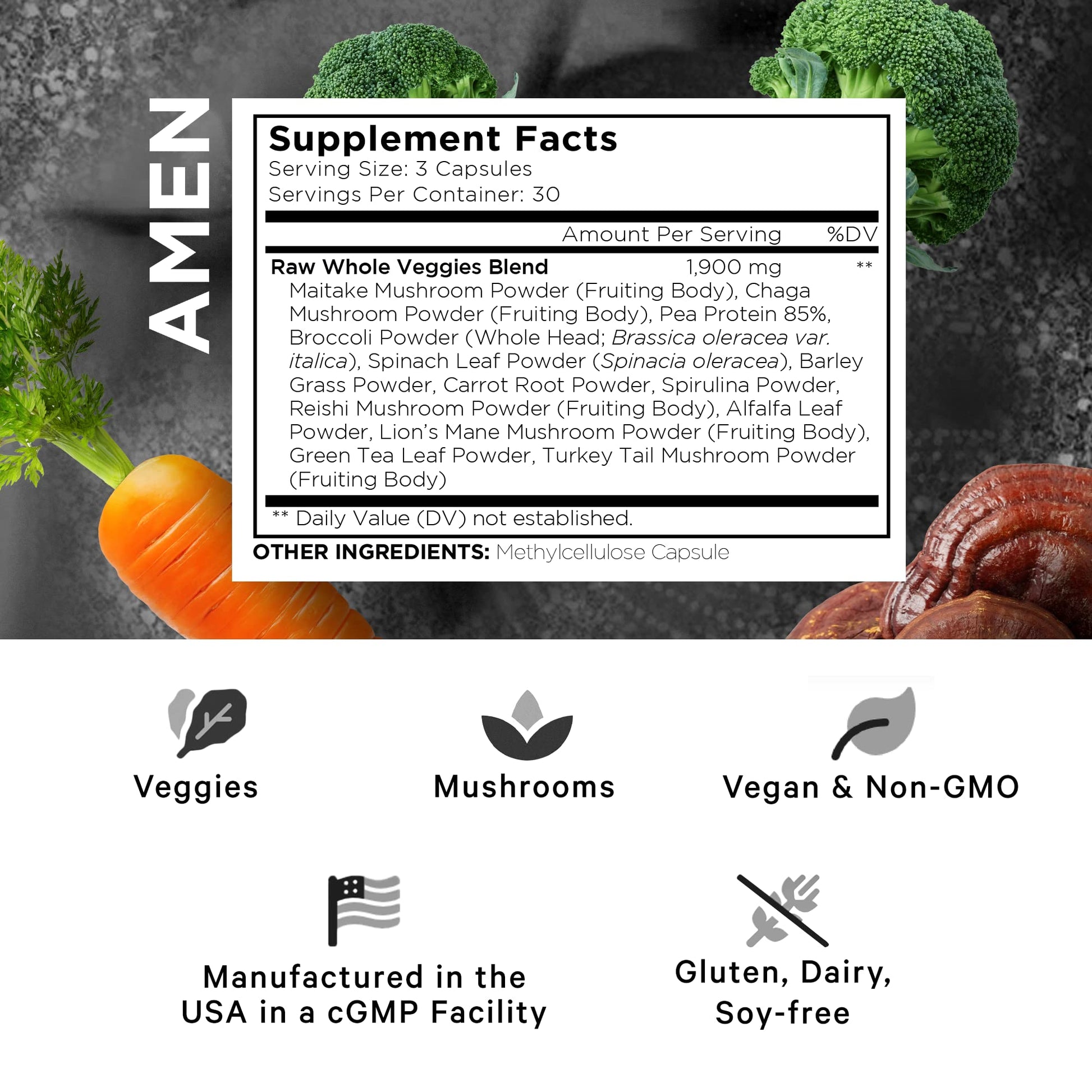 Amen Veggies, Daily Veggies Vitamins Supplement, Vegetables Vegan Blend & Whole-Food Raw Greens Multivitamin Capsules, Mushroom Complex, Superfood, Minerals, Green Vegetable Nutrients, Non-GMO, 90 ct - dailyvitalstore