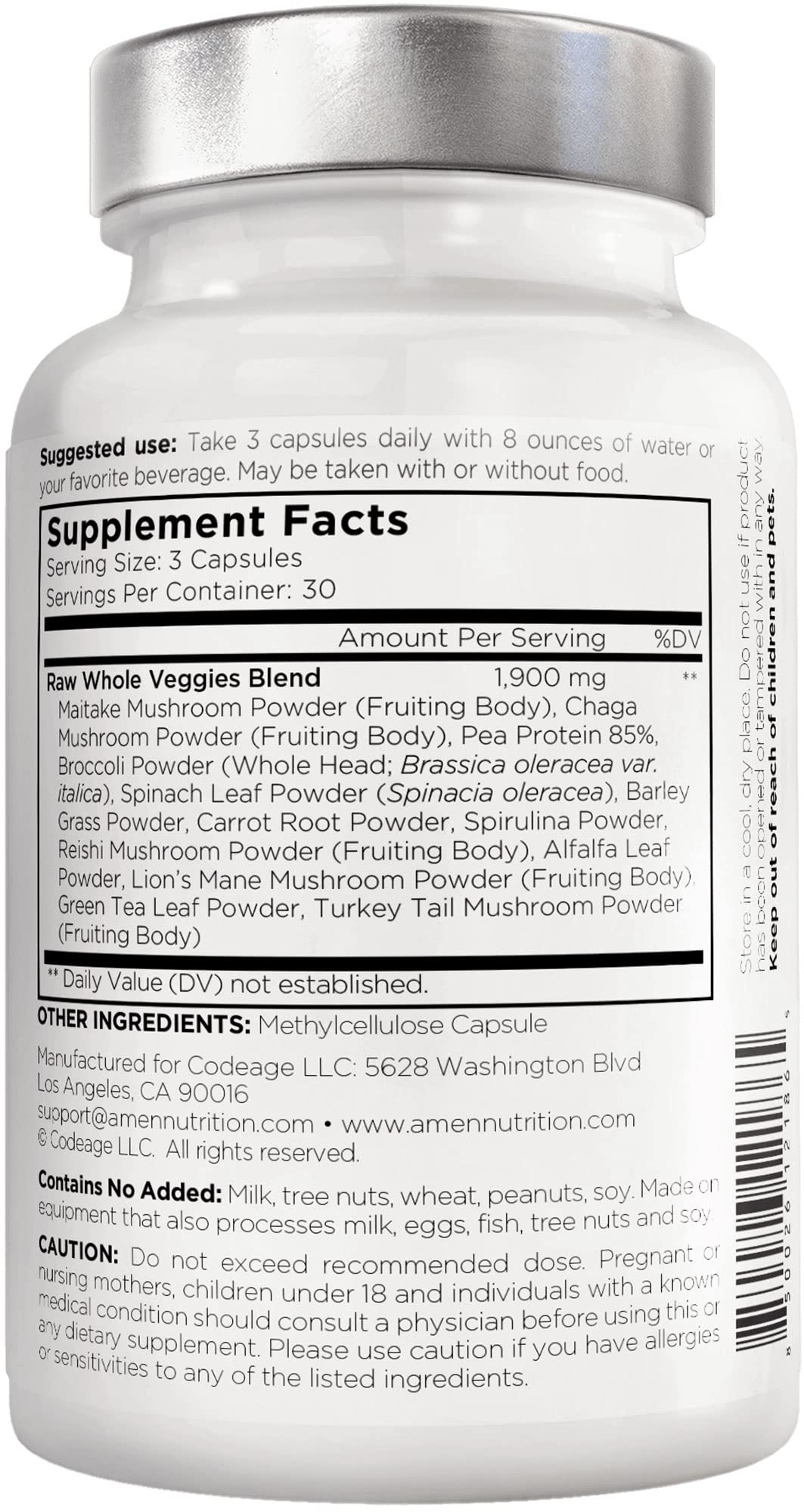 Amen Veggies, Daily Veggies Vitamins Supplement, Vegetables Vegan Blend & Whole-Food Raw Greens Multivitamin Capsules, Mushroom Complex, Superfood, Minerals, Green Vegetable Nutrients, Non-GMO, 90 ct - dailyvitalstore