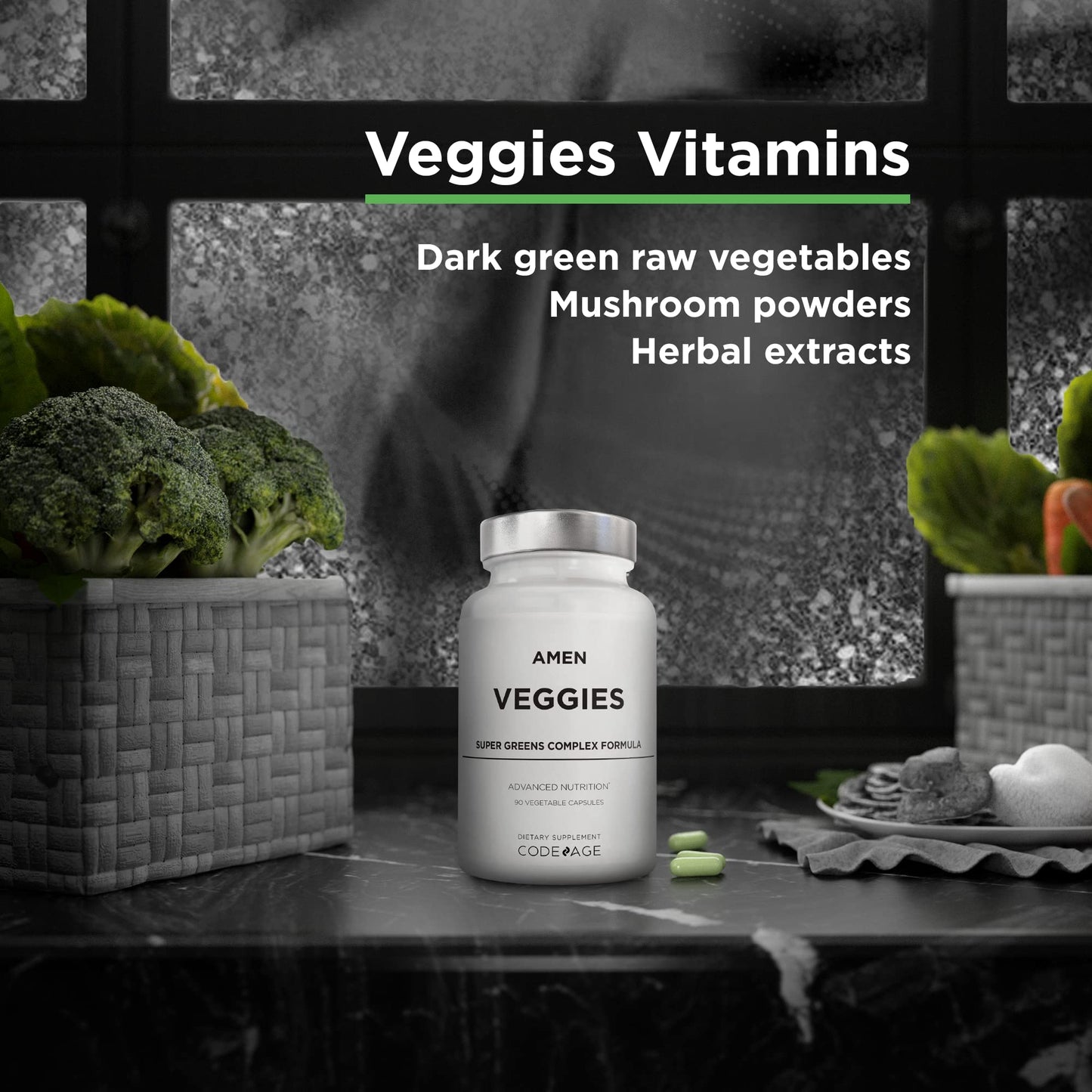 Amen Veggies, Daily Veggies Vitamins Supplement, Vegetables Vegan Blend & Whole-Food Raw Greens Multivitamin Capsules, Mushroom Complex, Superfood, Minerals, Green Vegetable Nutrients, Non-GMO, 90 ct - dailyvitalstore