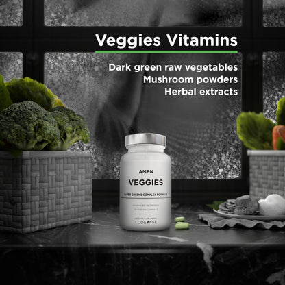 Amen Veggies, Daily Veggies Vitamins Supplement, Vegetables Vegan Blend & Whole-Food Raw Greens Multivitamin Capsules, Mushroom Complex, Superfood, Minerals, Green Vegetable Nutrients, Non-GMO, 90 ct - dailyvitalstore